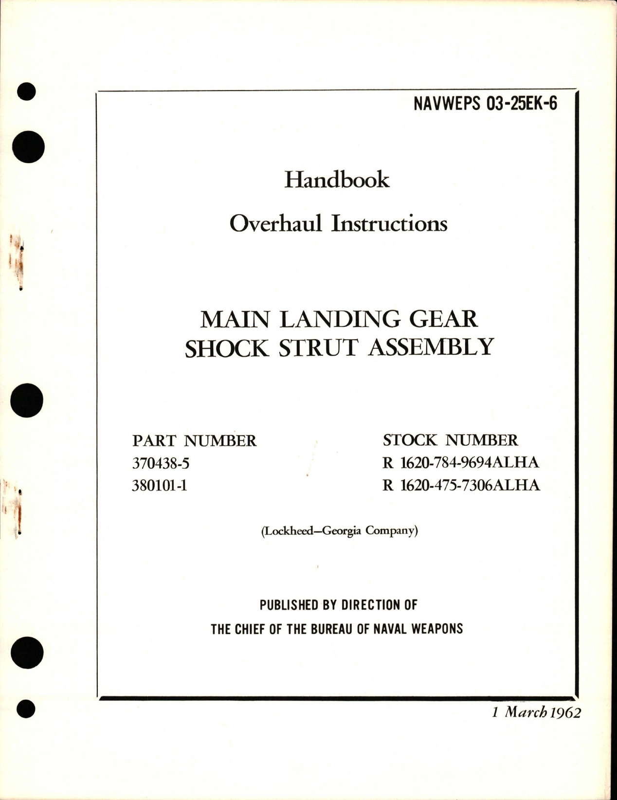 Sample page 1 from AirCorps Library document: Overhaul Instructions for Main Landing Gear Shock Strut Assembly - Part 370438-5 and 380101-1