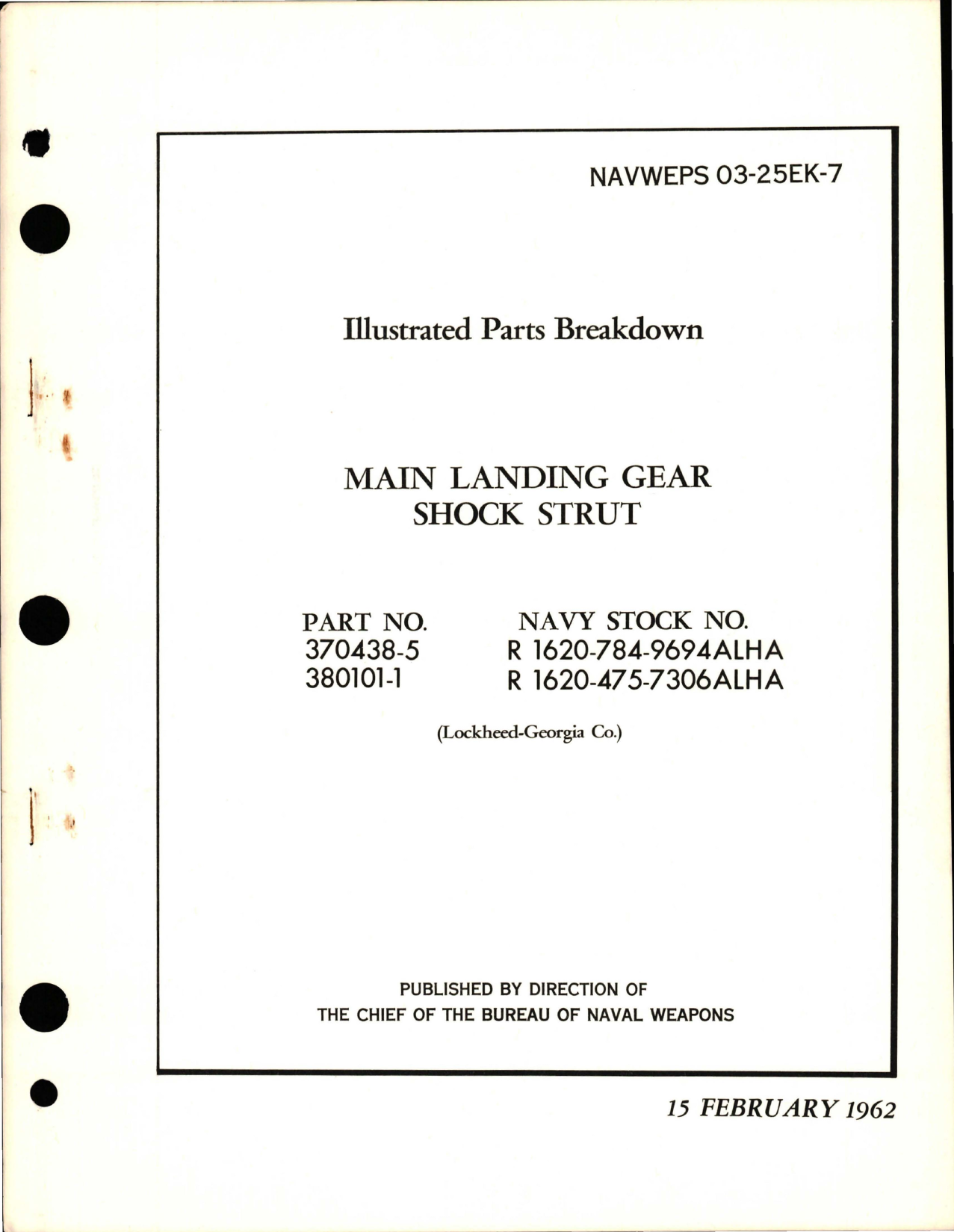 Sample page 1 from AirCorps Library document: Illustrated Parts Breakdown for Main Landing Gear Shock Strut - Parts 370438-5 and 380101-1