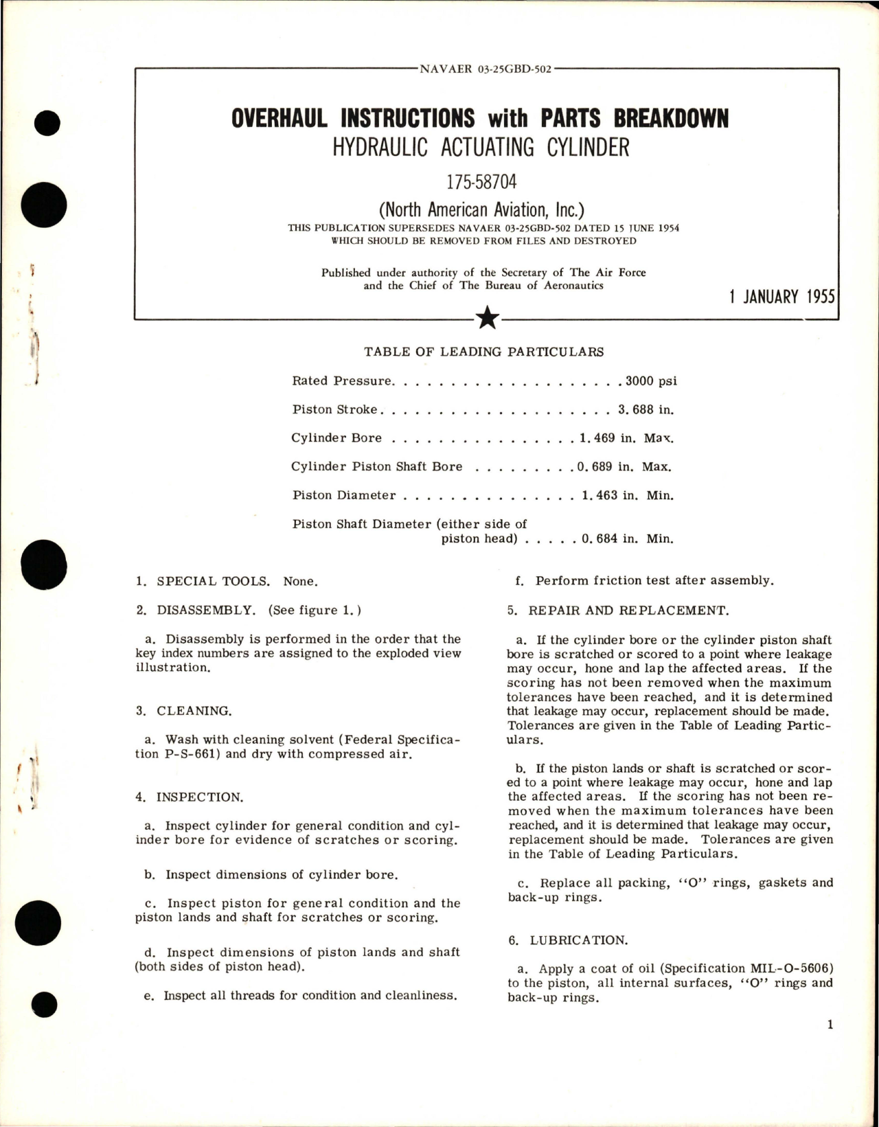 Sample page 1 from AirCorps Library document: Overhaul Instructions with Parts Breakdown for Hydraulic Actuating Cylinder - 175-58704 