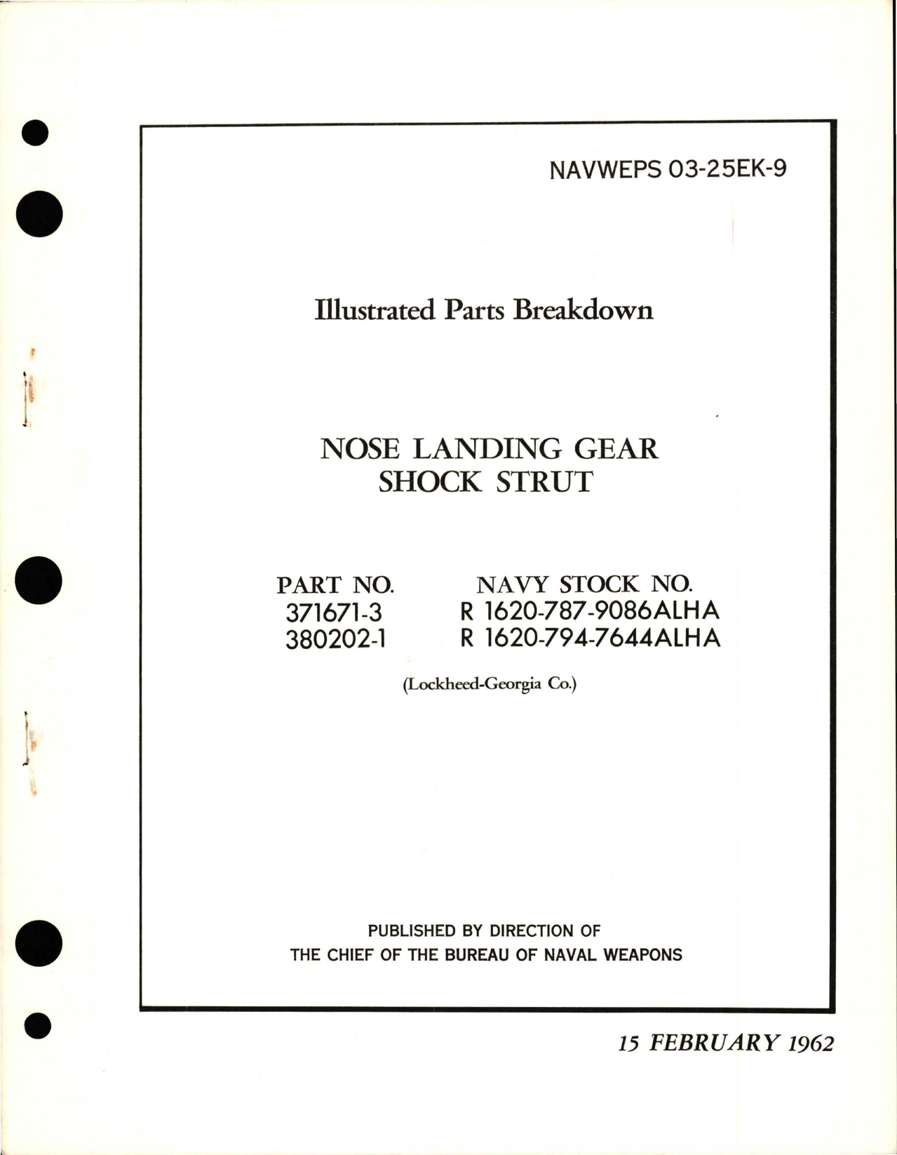 Sample page 1 from AirCorps Library document: Illustrated Parts Breakdown for Nose Landing Gear Shock Strut - Parts 371671-3 and 380202-1