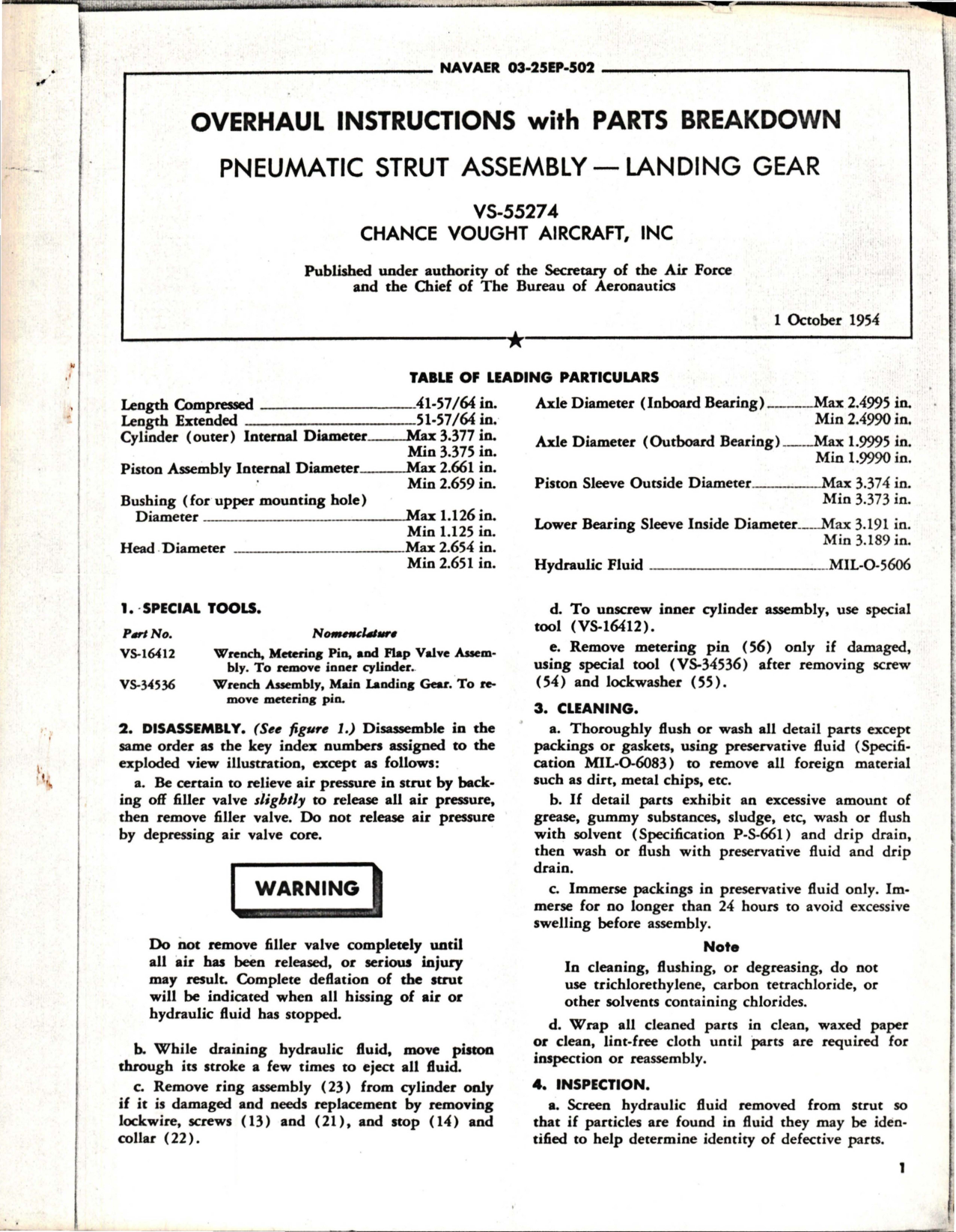 Sample page 1 from AirCorps Library document: Overhaul Instructions with Parts Breakdown for Pneumatic Strut Assembly - Landing Gear - VS-55274