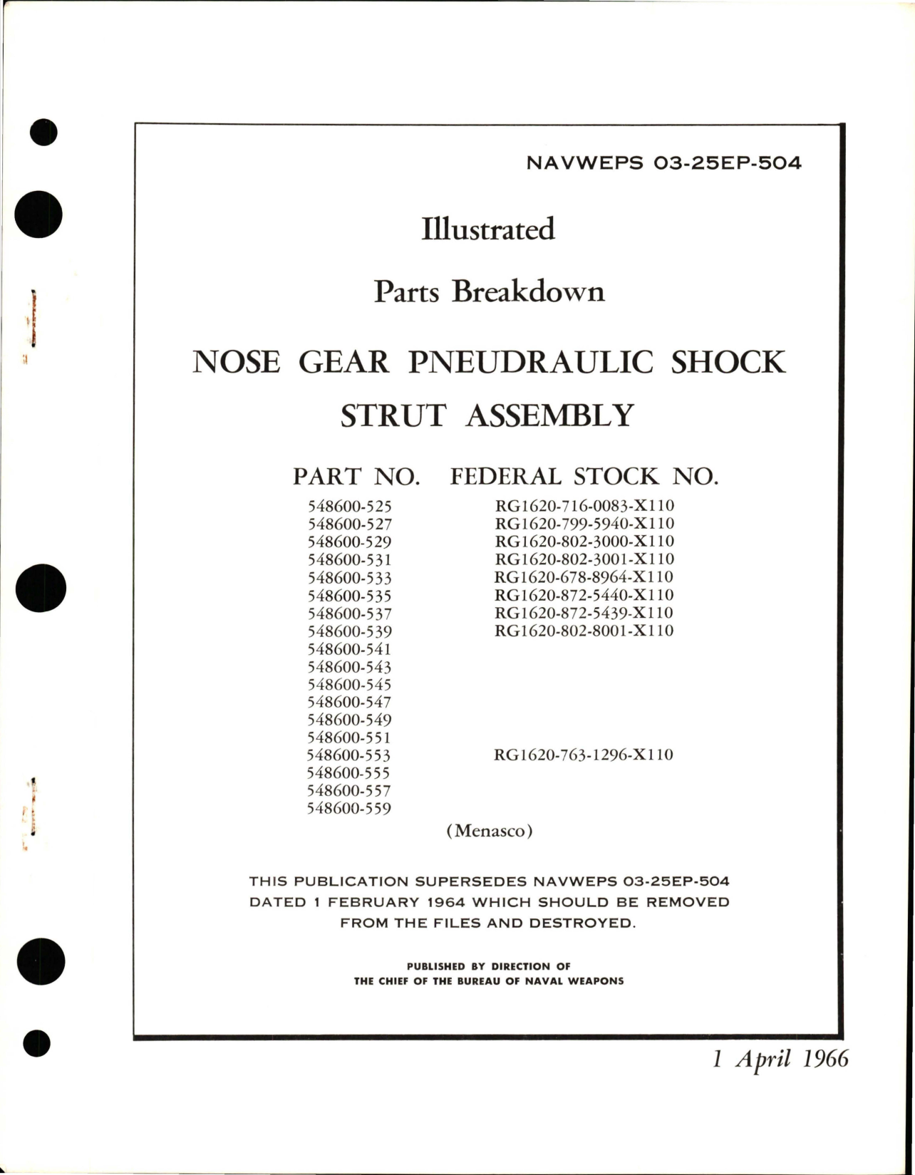 Sample page 1 from AirCorps Library document: Illustrated Parts Breakdown for Nose Gear Pneudraulic Shock Strut Assembly - Part 548600 Series