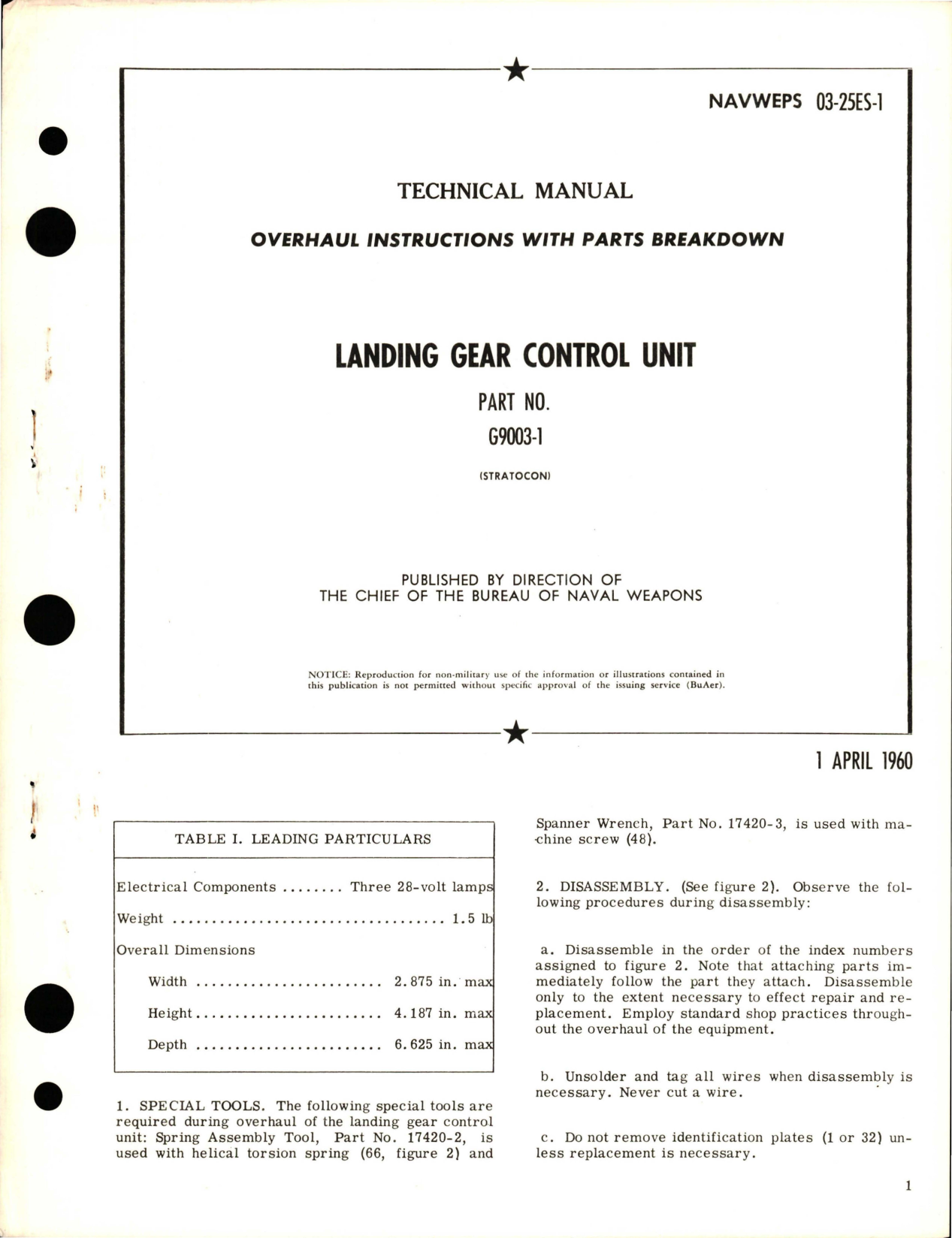 Sample page 1 from AirCorps Library document: Overhaul Instructions with Parts Breakdown for Landing Gear Control Unit - Part G9003-1