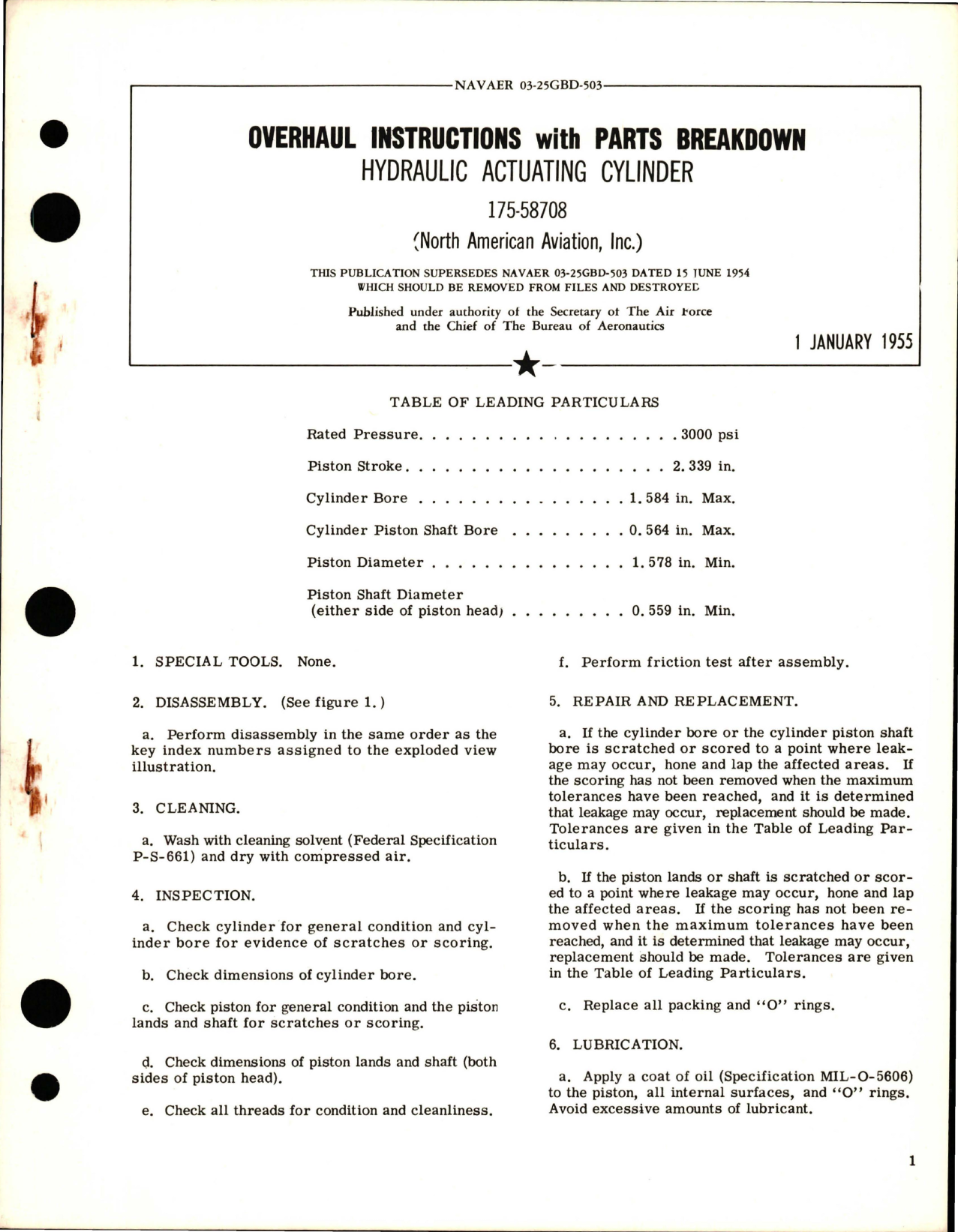 Sample page 1 from AirCorps Library document: Overhaul Instructions with Parts Breakdown for Hydraulic Actuating Cylinder - 175-58708 