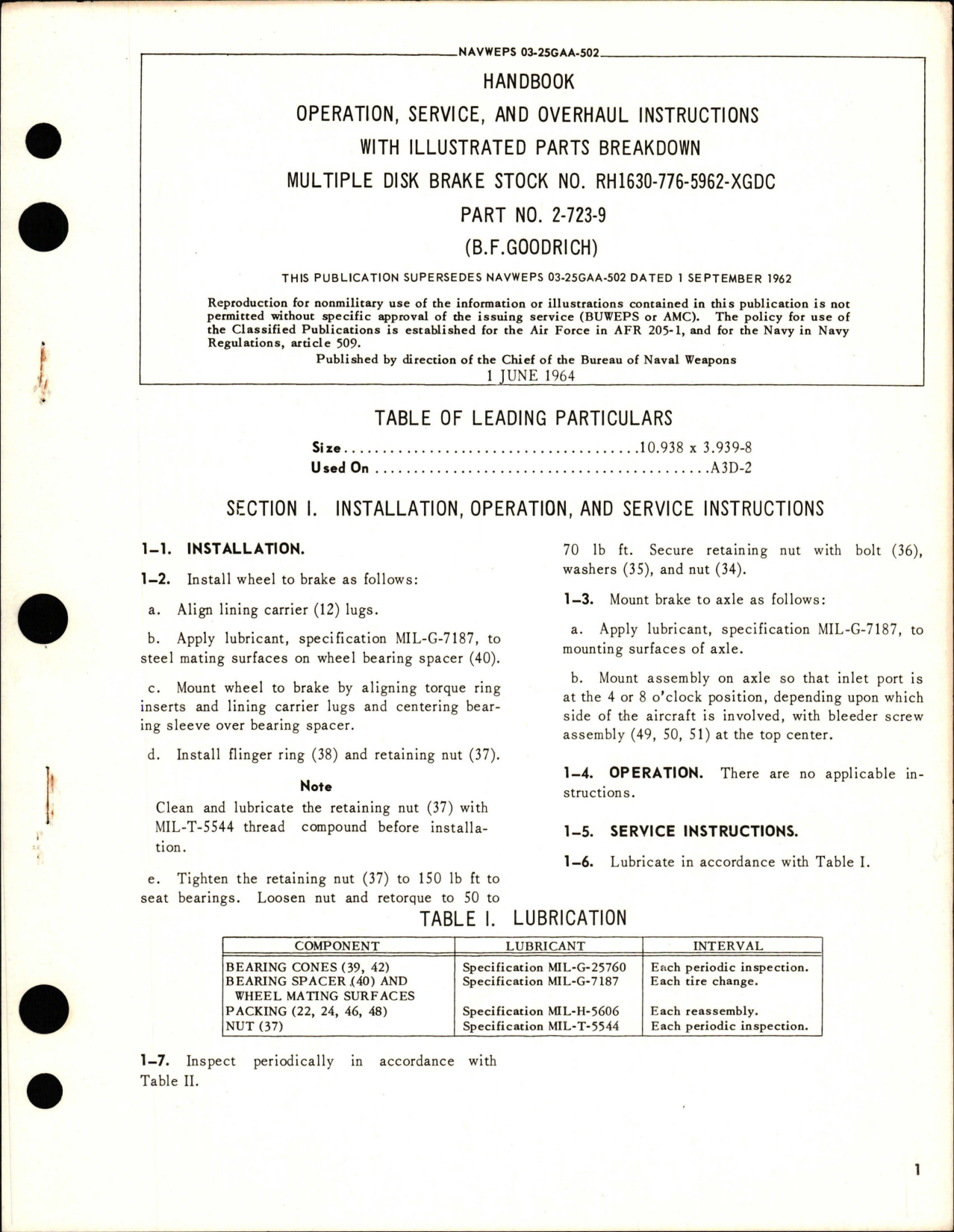 Sample page 1 from AirCorps Library document: Operation, Service and Overhaul Instructions with Illustrated Parts Breakdown for Multiple Disk Brake - Stock RH1630-776-5962-XGDC - Part 2-723-9