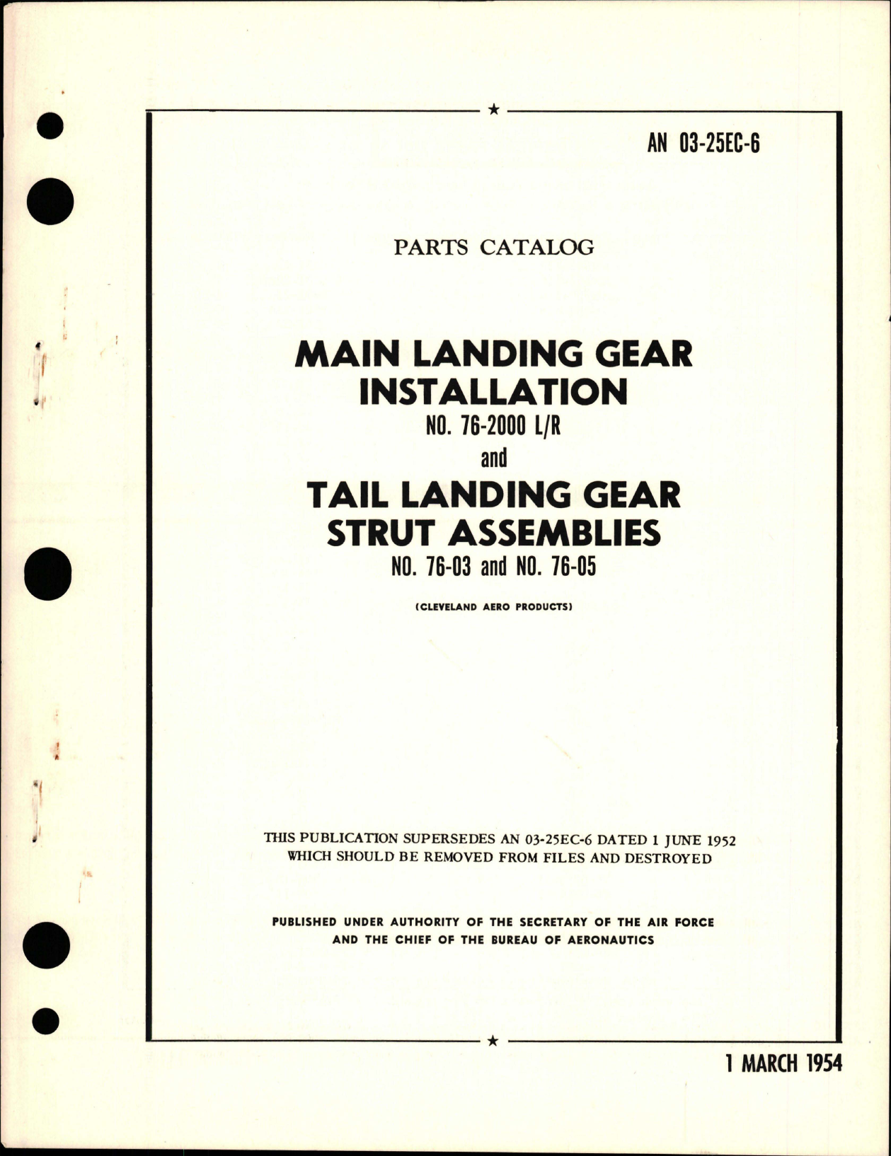 Sample page 1 from AirCorps Library document: Parts Catalog for Main Landing Gear Installation and Tail Landing Gear Strut Assembly