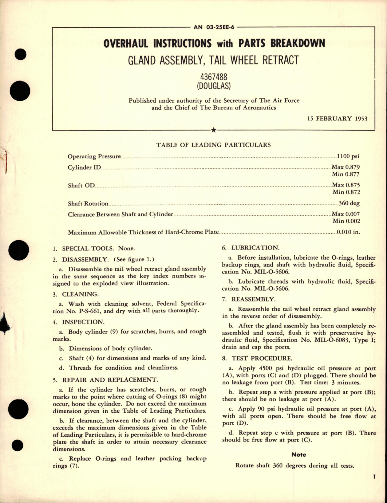 Sample page 1 from AirCorps Library document: Overhaul Instructions with Parts Breakdown for Tail Wheel Retract Gland Assembly - 4367488