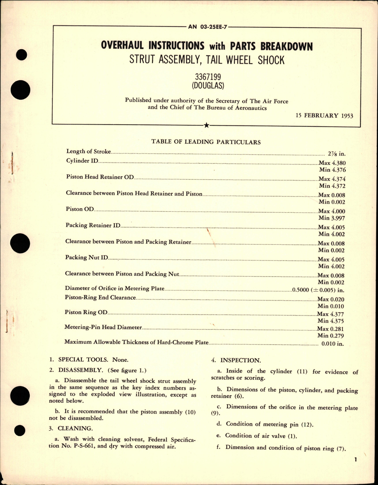 Sample page 1 from AirCorps Library document: Overhaul Instructions with Parts Breakdown for Tail Wheel Shock Strut Assembly - 3367199