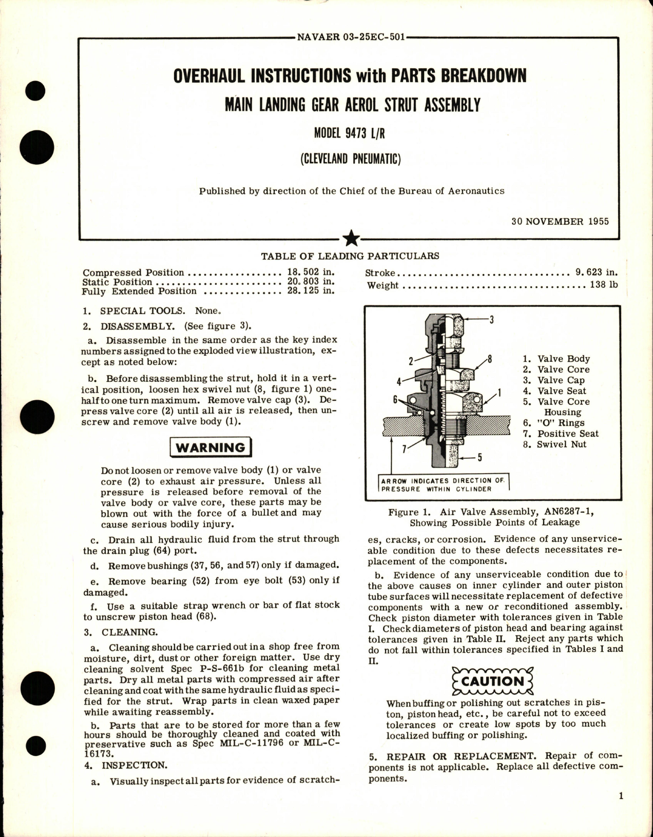 Sample page 1 from AirCorps Library document: Overhaul Instructions with Parts Breakdown for Main Landing Gear Aerol Strut Assembly - Model 9473