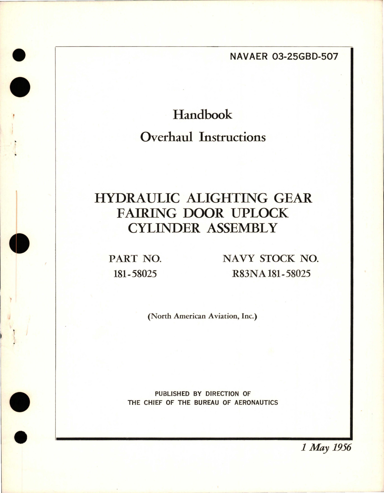 Sample page 1 from AirCorps Library document: Overhaul Instructions for Hydraulic Alighting Gear Fairing Door Uplock Cylinder Assy - Part 181-58025 