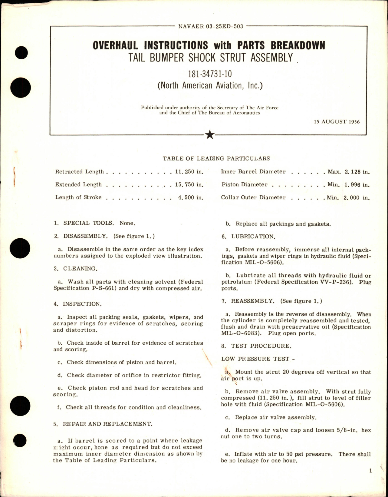 Sample page 1 from AirCorps Library document: Overhaul Instructions with Parts Breakdown for Tail Bumper Shock Strut Assembly - 181-34731-10