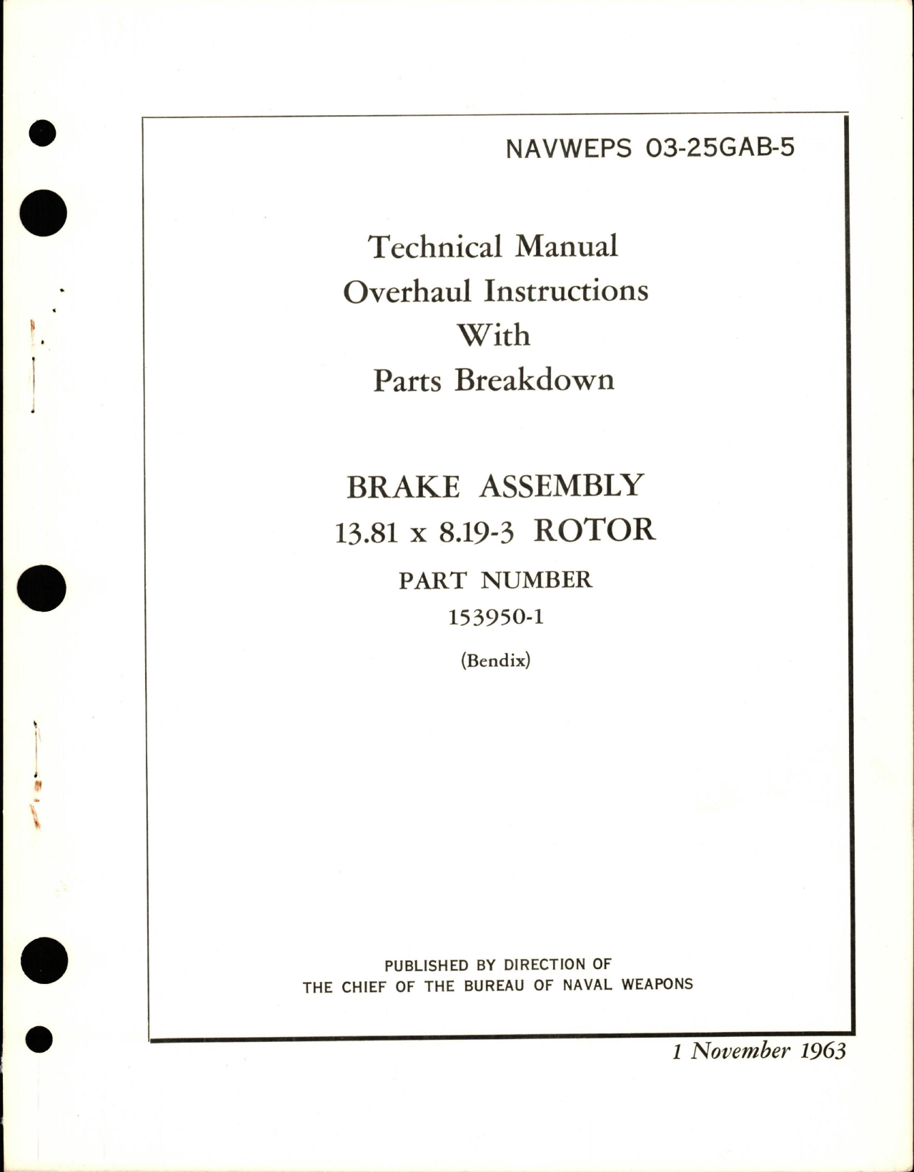 Sample page 1 from AirCorps Library document: Overhaul Instructions with Parts Breakdown for Brake Assembly - 13.81x8.19-3 Rotor - Part 153950-1