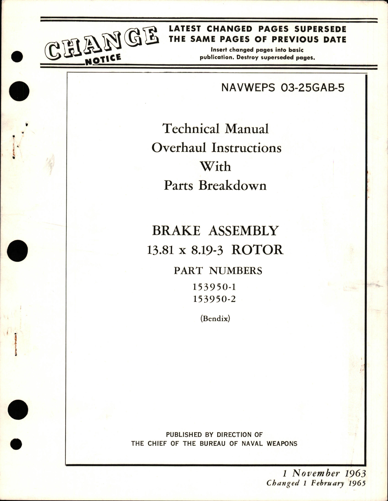 Sample page 1 from AirCorps Library document: Overhaul Instructions with Parts Breakdown for Brake Assembly - 13.81x8.19-3 Rotor - Part 153950-1 and 153950-2
