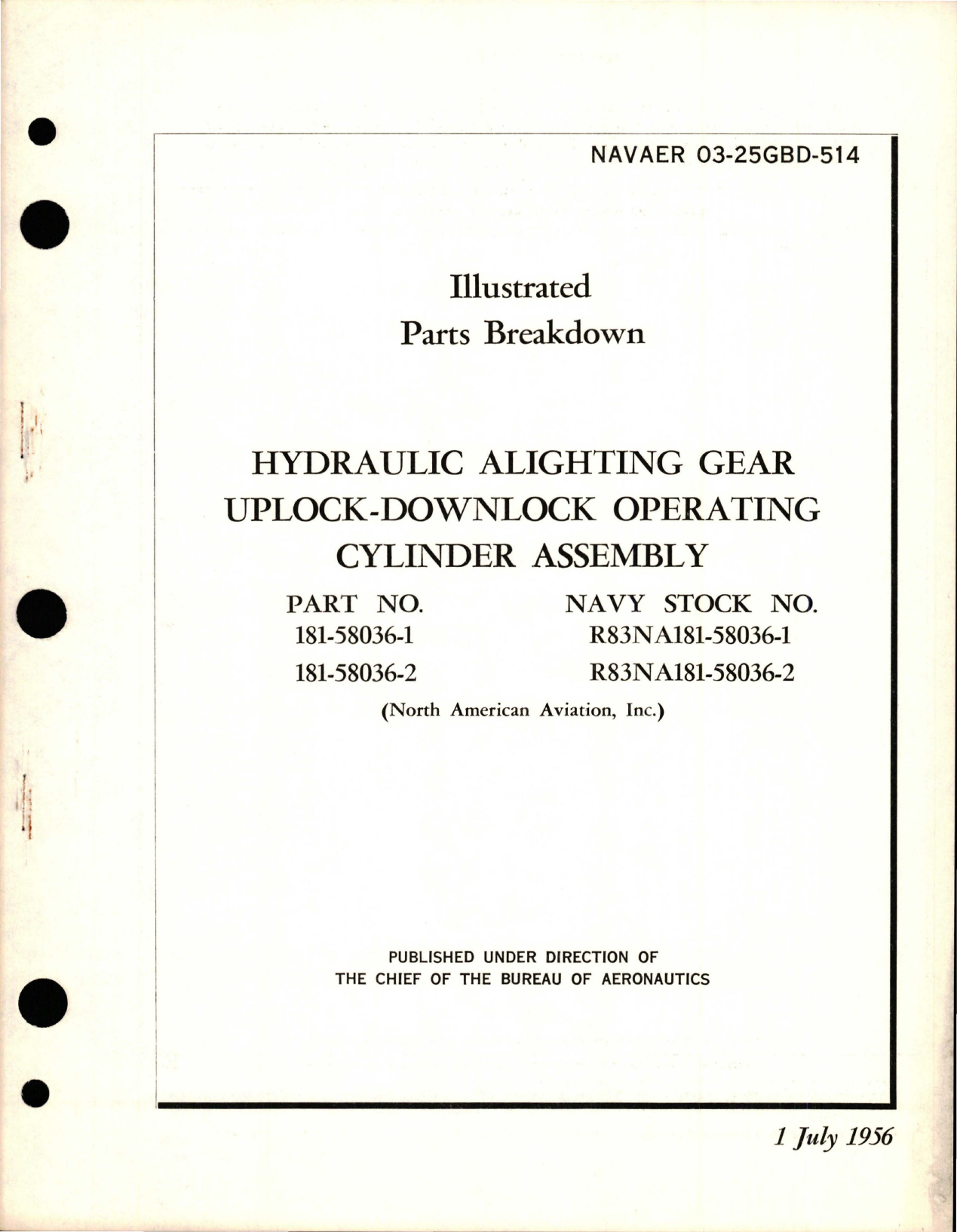 Sample page 1 from AirCorps Library document: Illustrated Parts Breakdown for Hydraulic Alighting Gear Uplock-Downlock Operating Cylinder Assembly 