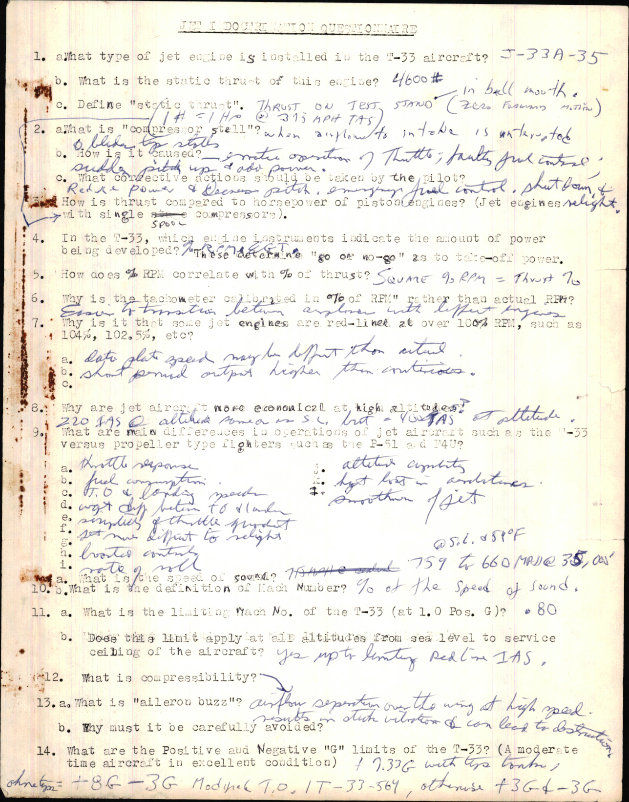 Sample page 1 from AirCorps Library document: Jet Indoctrination Questionnaire for T-33 Aircraft