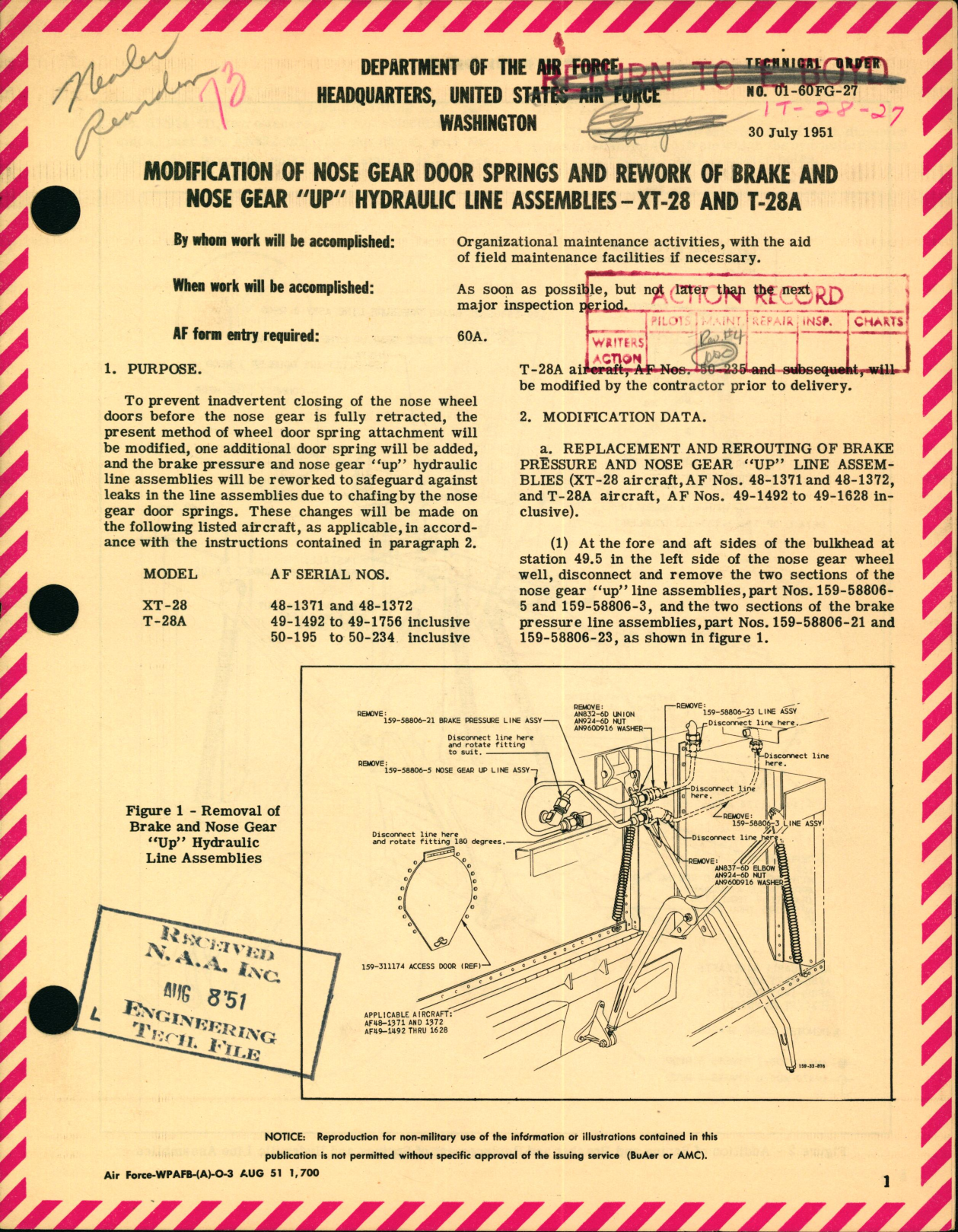 Sample page 1 from AirCorps Library document: Modification of Nose Gear Door Springs and Rework of Brake and Nose Gear Up Hydraulic Line Assemblies For XT-28 and T-28A