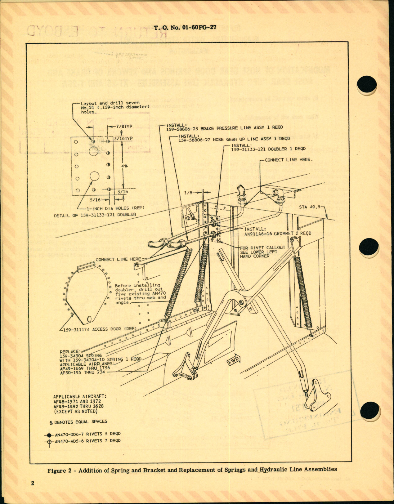 Sample page 2 from AirCorps Library document: Modification of Nose Gear Door Springs and Rework of Brake and Nose Gear Up Hydraulic Line Assemblies For XT-28 and T-28A