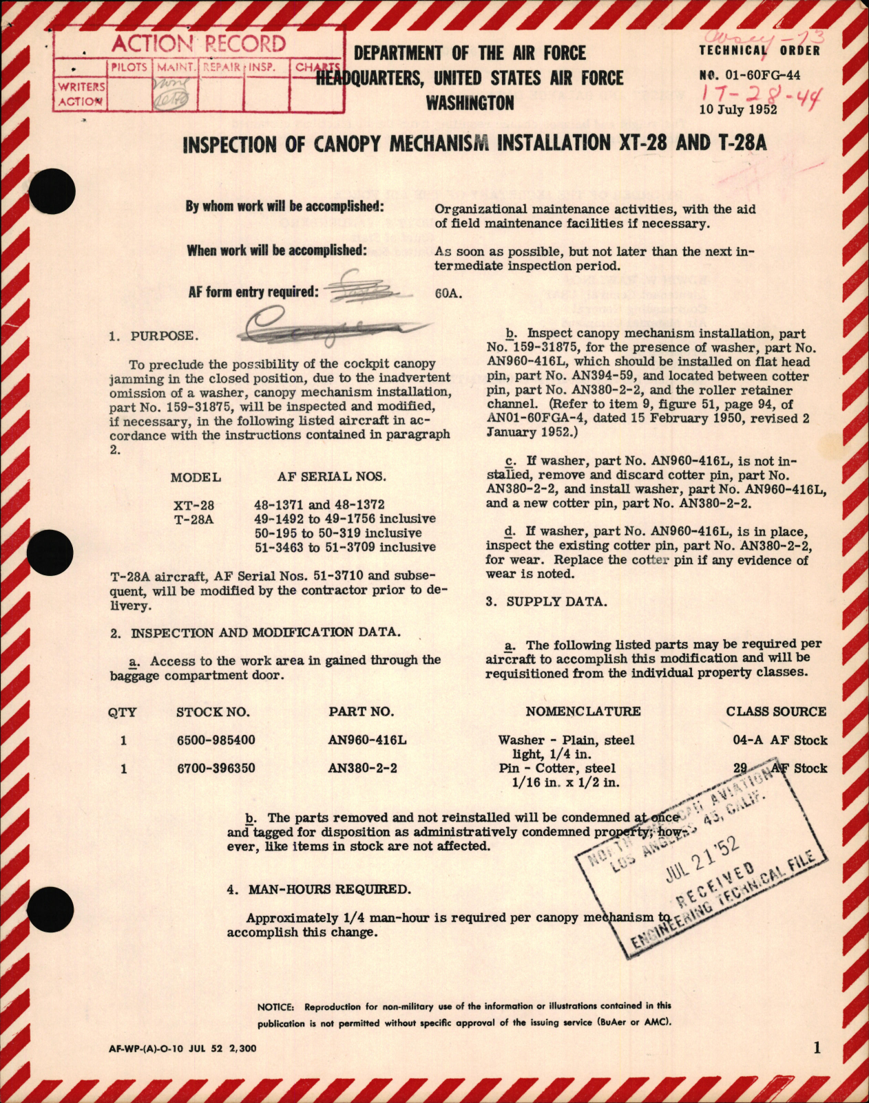 Sample page 1 from AirCorps Library document: Inspection of Canopy Mechanism Installation For XT-28 and T-28A