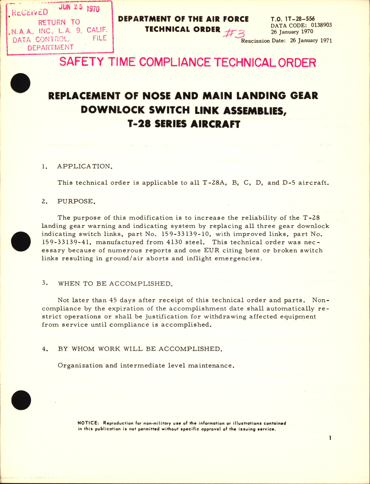 Sample page 1 from AirCorps Library document: Replacement of Nose and Main Landing Gear Downlock Switch Link Assemblies For T-28 Series