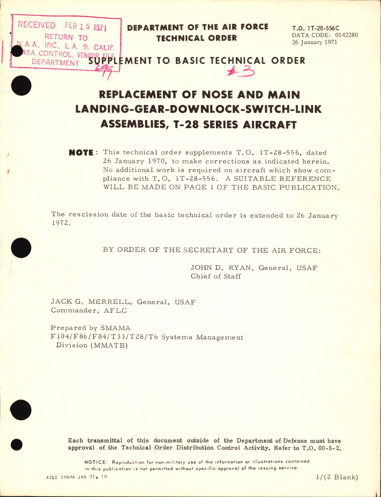 Sample page 1 from AirCorps Library document: Replacement of Nose and Main Landing-Gear-Downlock-Switch-Link Assemblies For T-28 Series
