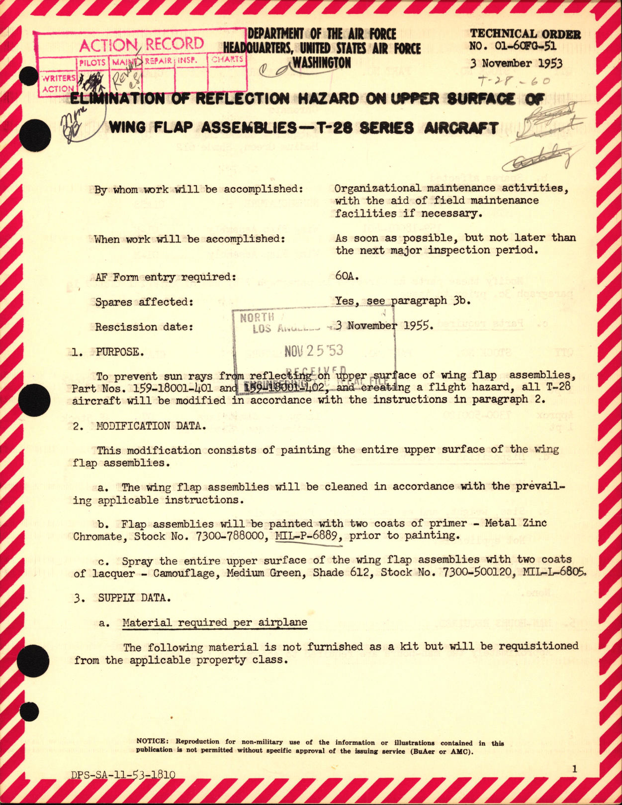 Sample page 1 from AirCorps Library document: Elimination of Reflection Hazard on Upper Surface of Wing Flap Assemblies For T-28 Series Aircraft