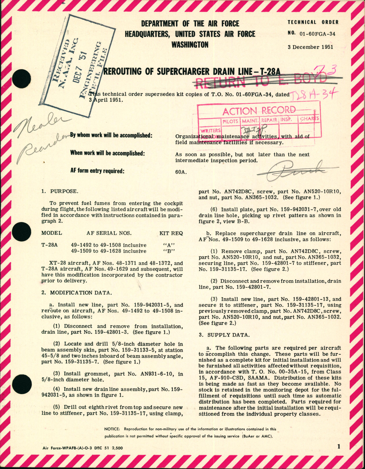 Sample page 1 from AirCorps Library document: Rerouting of Supercharger Drain Line For T-28A
