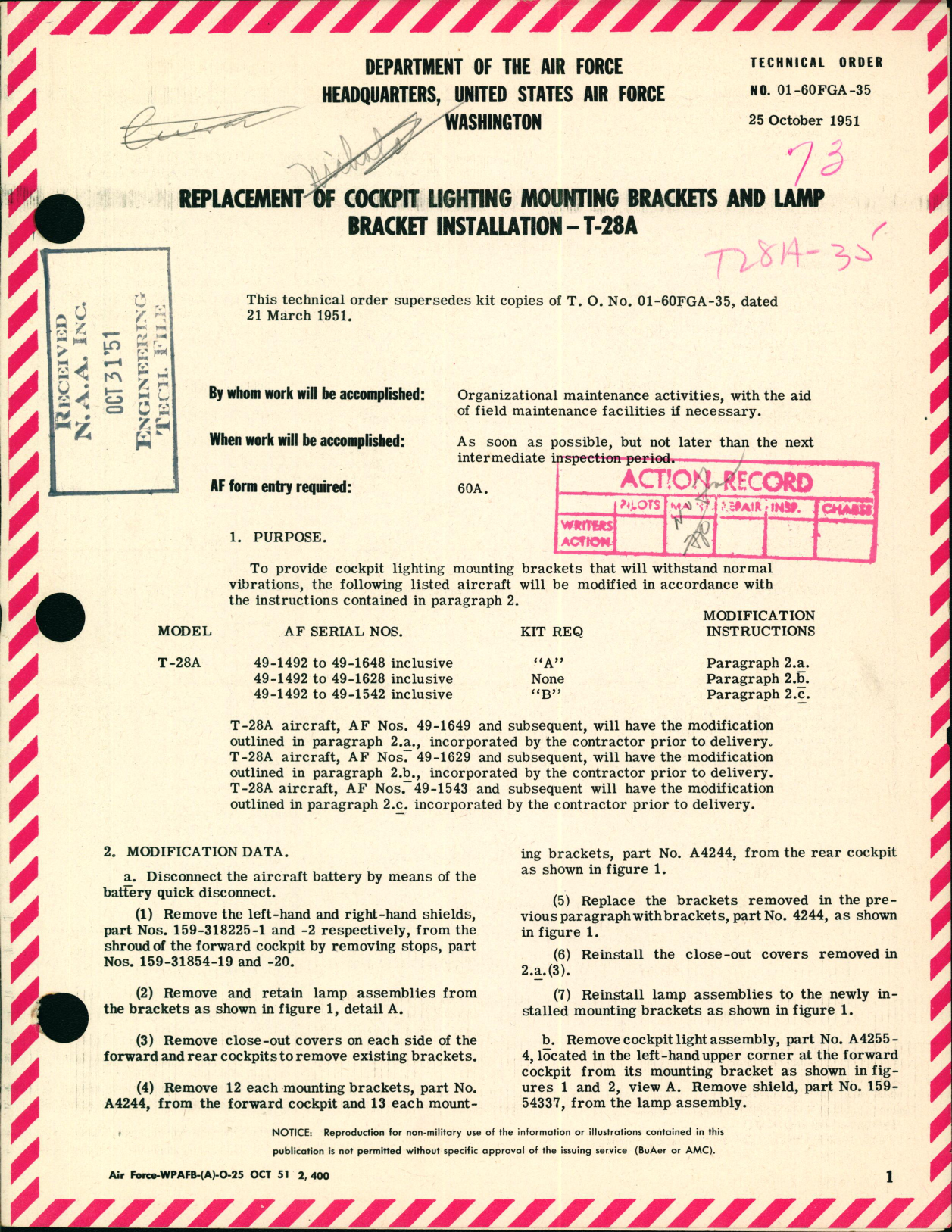 Sample page 1 from AirCorps Library document: Replacement of Cockpit Lighting Mounting Brackets and Lamp Bracket Installation For T-28A