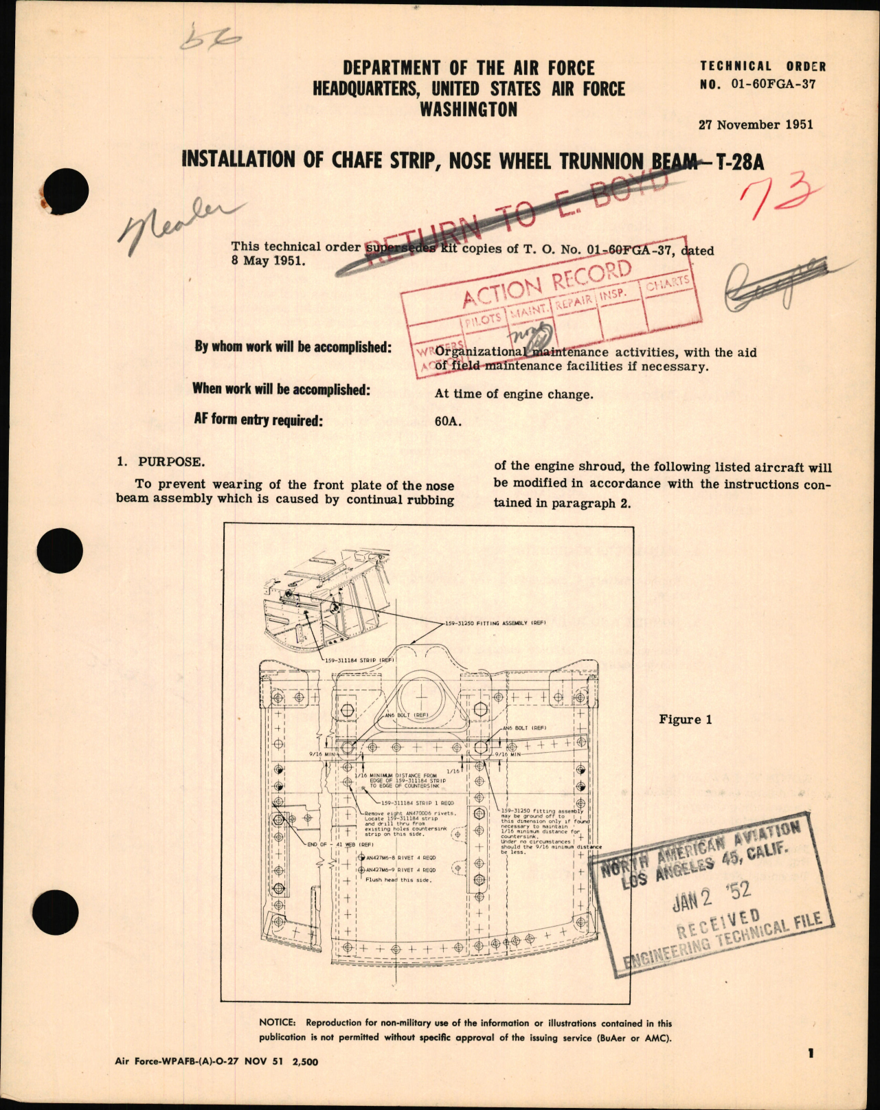 Sample page 1 from AirCorps Library document: Installation of Chafe Strip, Nose Wheel Trunnion Beam For T-28A