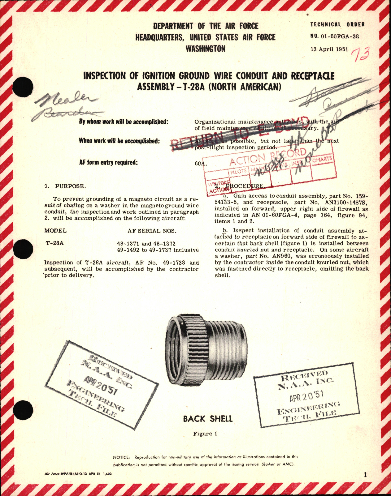 Sample page 1 from AirCorps Library document: Inspection of Ignition Ground Wire Conduit and Receptacle Assembly For T-28A