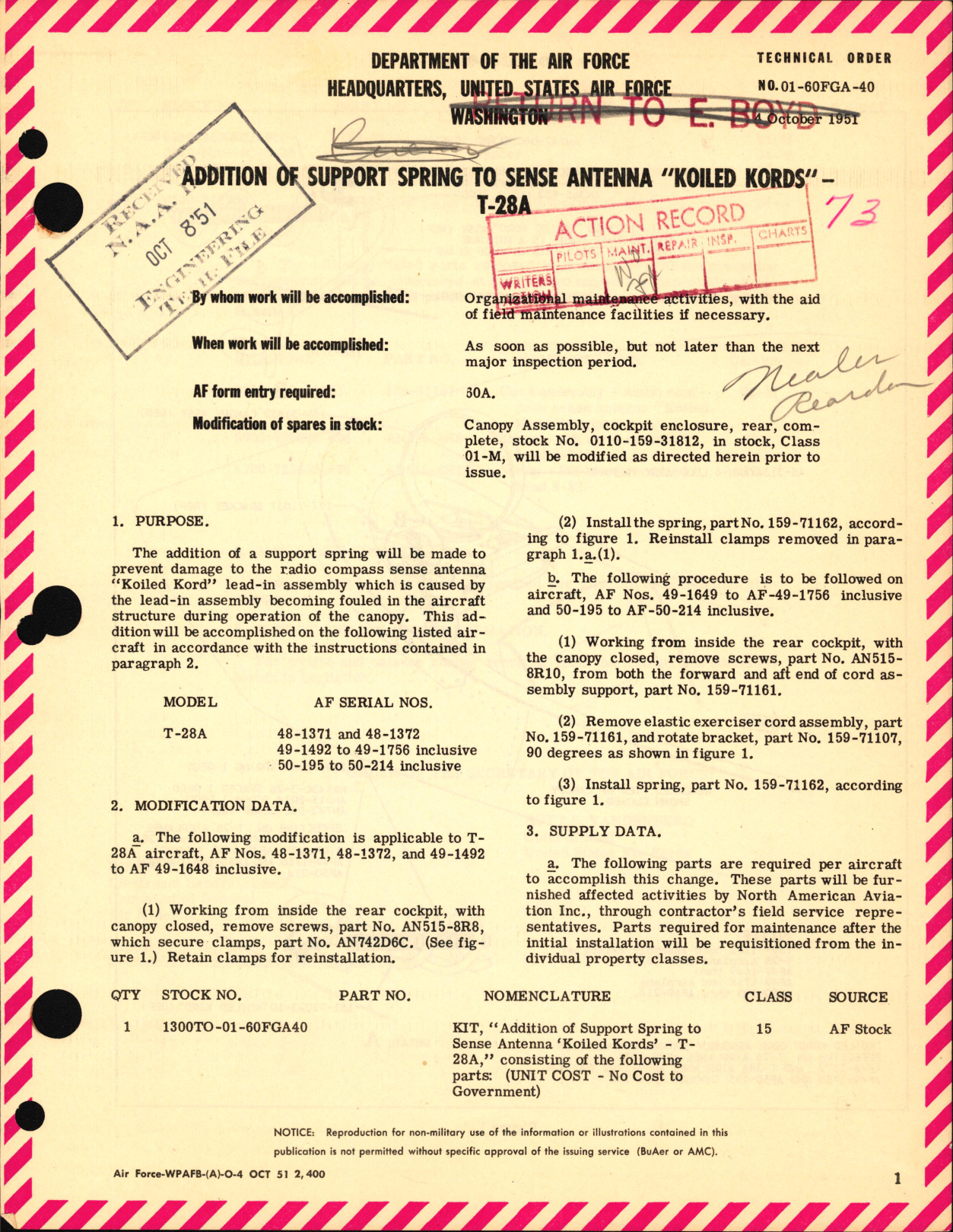 Sample page 1 from AirCorps Library document: Addition of Support Spring to Sense Antenna Koiled Kords For T-28A