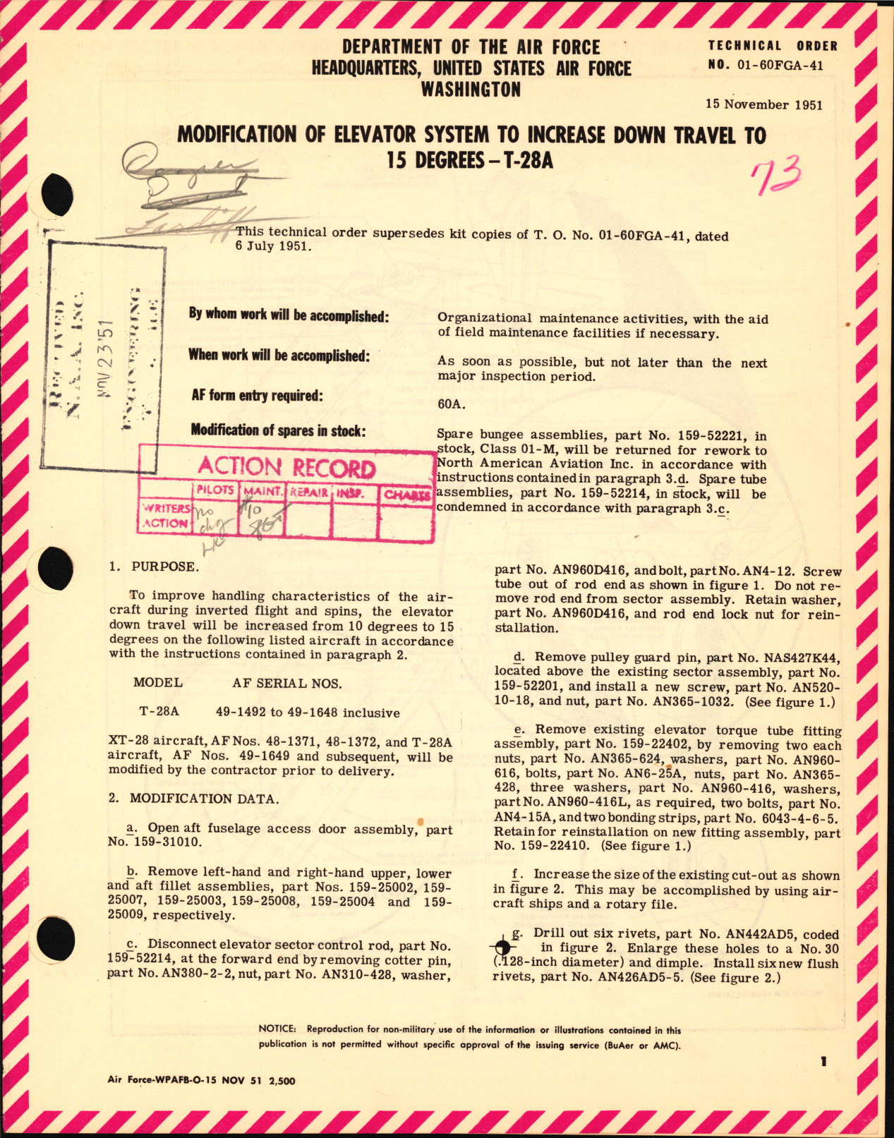 Sample page 1 from AirCorps Library document: Modification of Elevator System To Increase Down Travel to 15 Degrees For T-28A