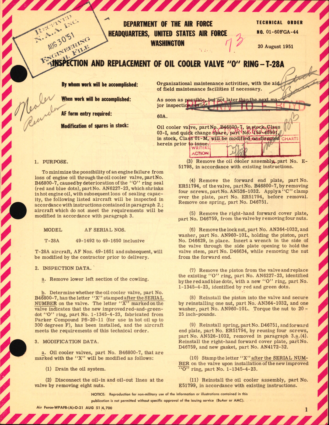 Sample page 1 from AirCorps Library document: Inspection and Replacement of Oil Cooler Valve O Ring For T-28A