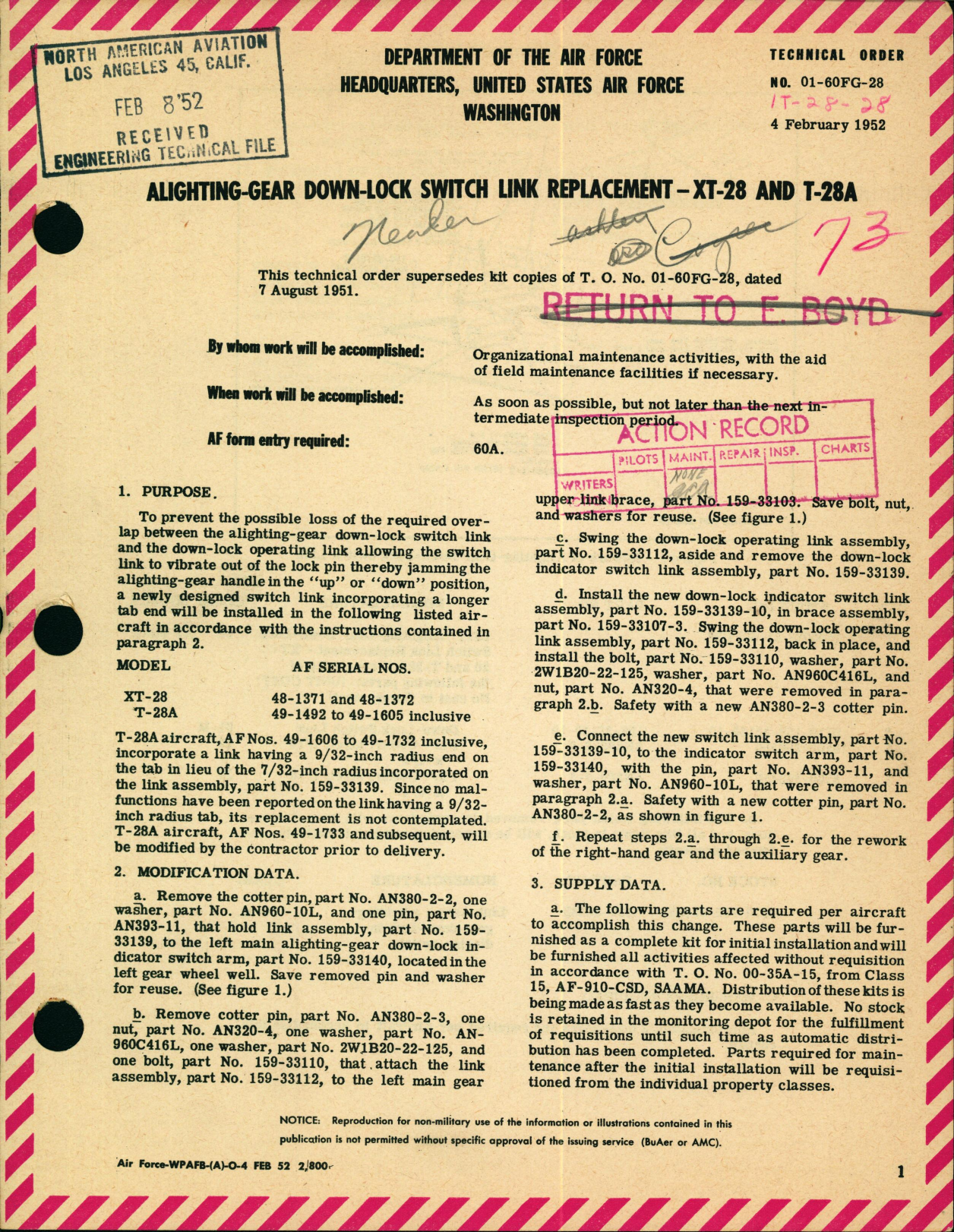 Sample page 1 from AirCorps Library document: Alighting-Gear Down-Lock Switch Link Replacement For XT-28 and T-28A
