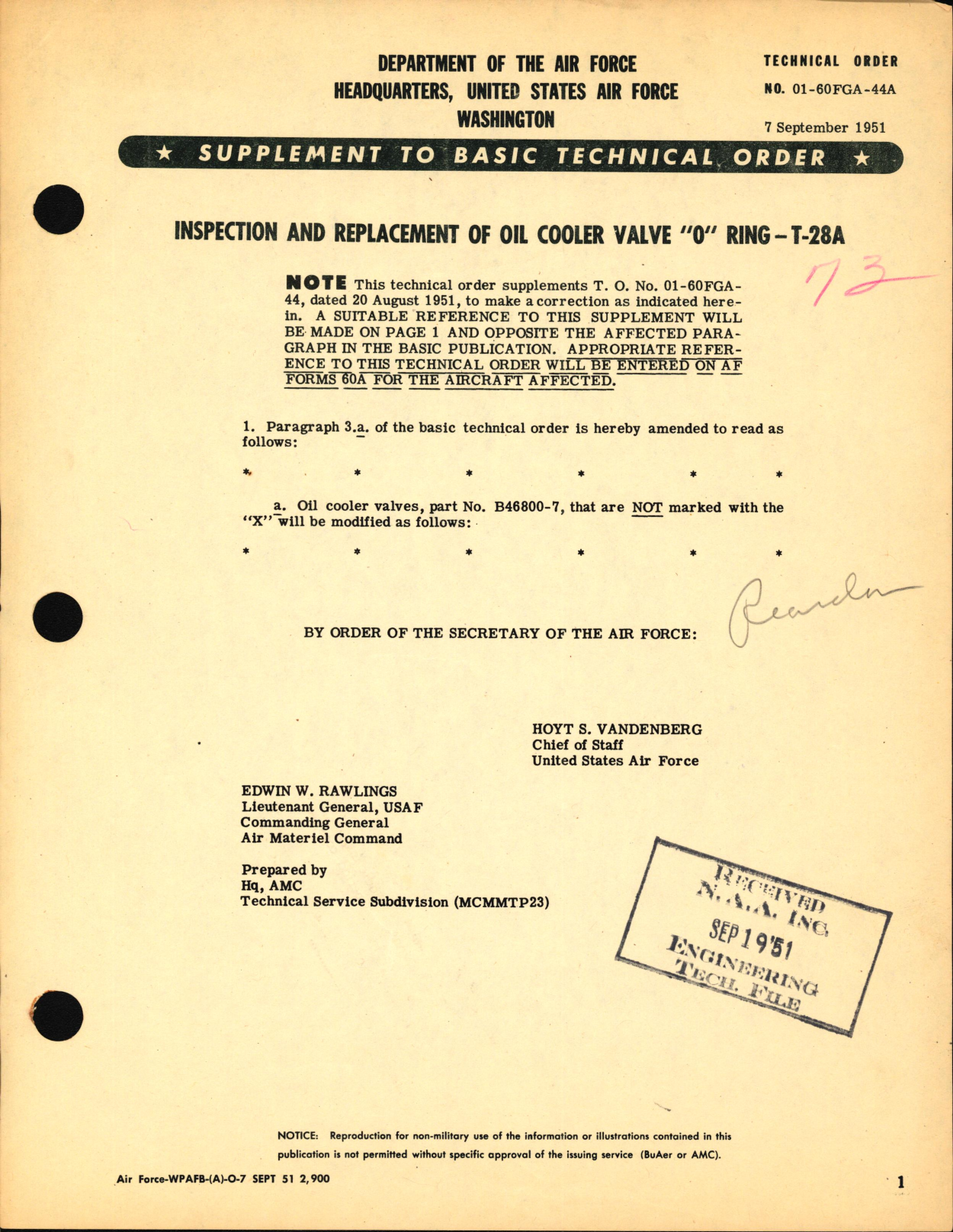 Sample page 1 from AirCorps Library document: Inspection and Replacement of Oil Cooler Valve O Ring For T-28A