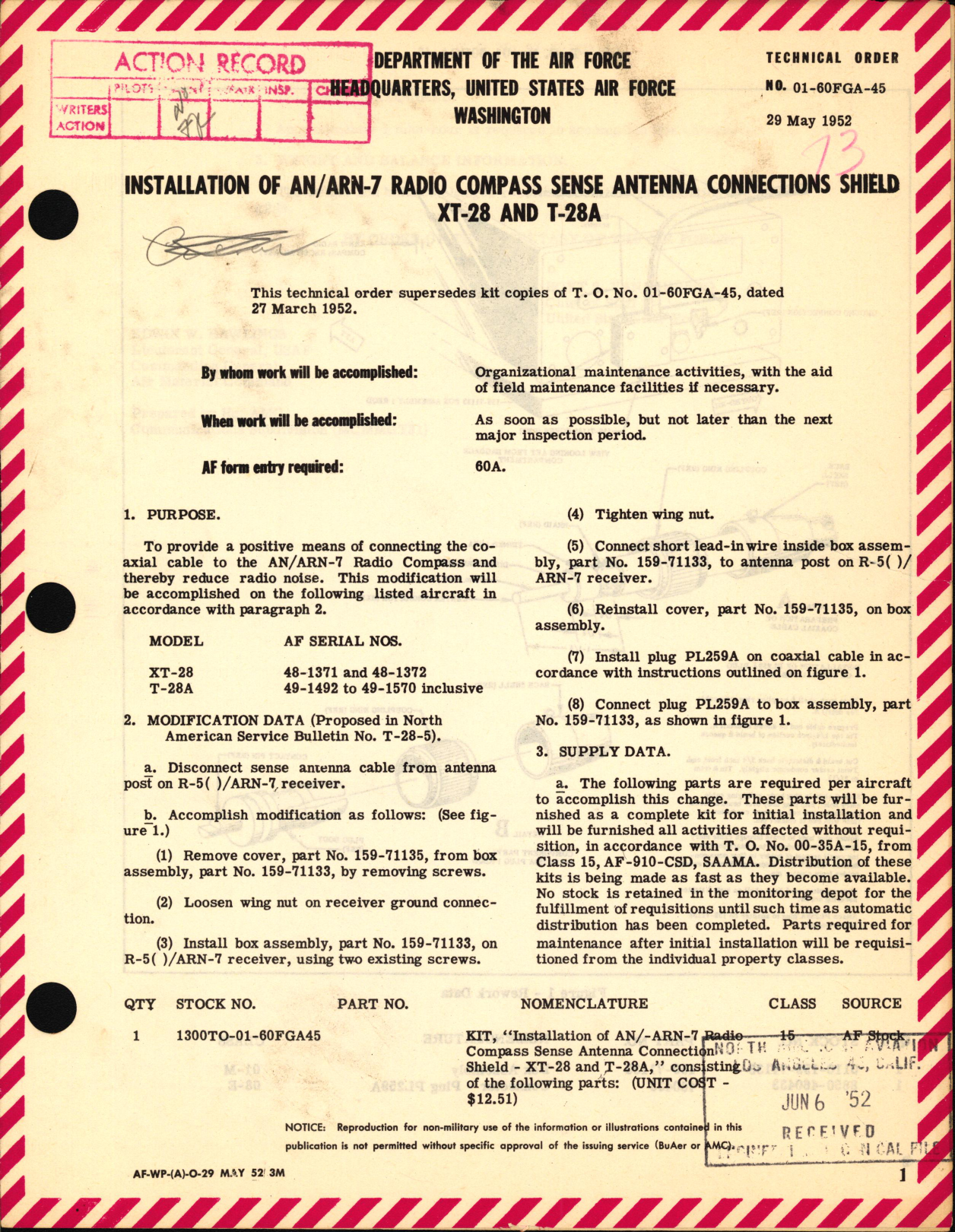 Sample page 1 from AirCorps Library document: Installation of AN-ARN-7 Radio Compass Sense Antenna Connections Shield For XT-28 and T-28A