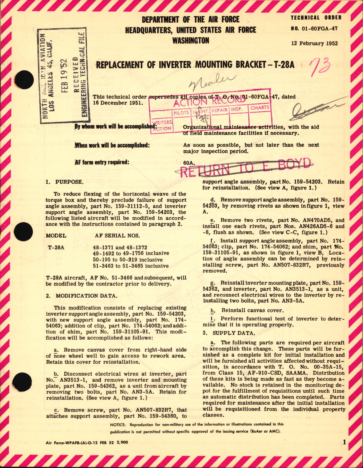 Sample page 1 from AirCorps Library document: Replacement of Inverter Mounting Bracket For T-28A