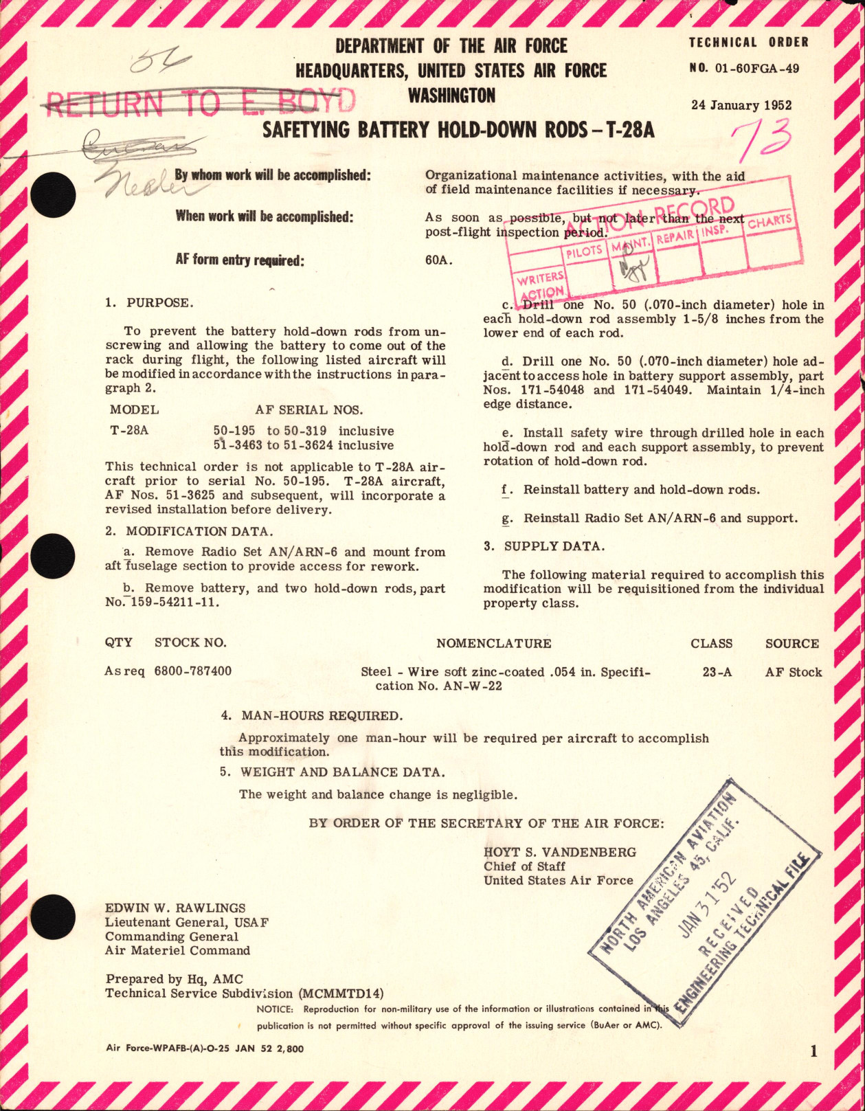 Sample page 1 from AirCorps Library document: Safetying Battery Hold-Down Rods For T-28A