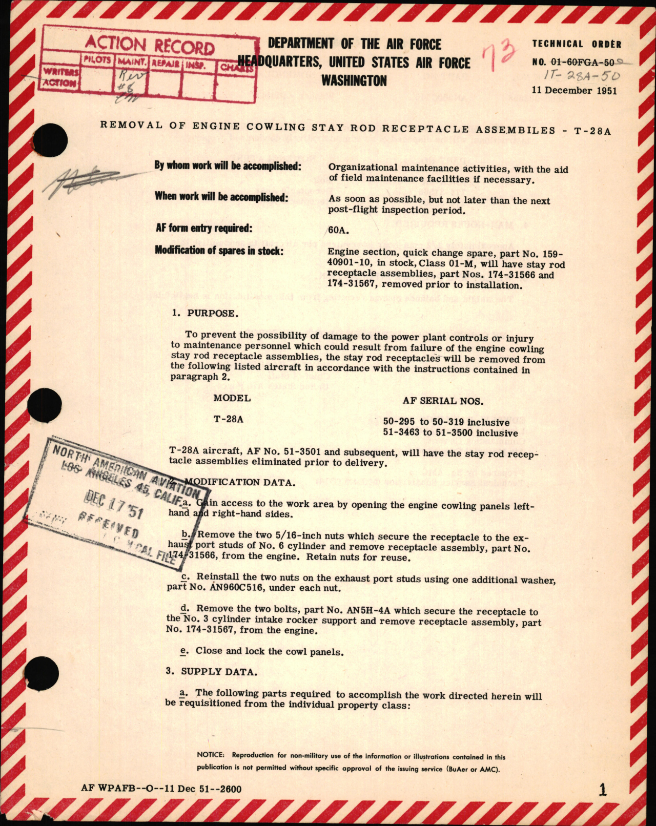 Sample page 1 from AirCorps Library document: Removal of Engine Cowling Stay Rod Receptacle Assemblies  For T-28
