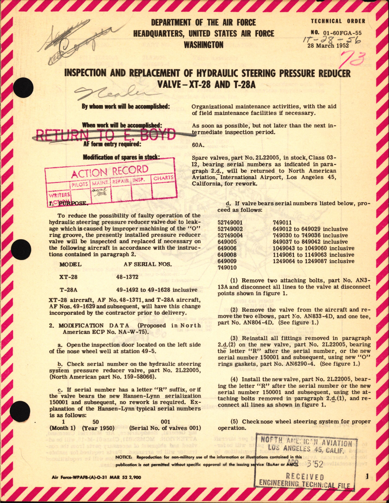 Sample page 1 from AirCorps Library document: Inspection and Replacement of Hydraulic Steering Pressure Reducer Valve For XT-28 and T-28A