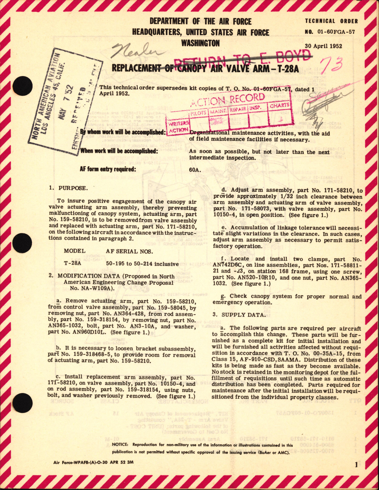 Sample page 1 from AirCorps Library document: Replacement of Canopy Air Valve Arm For T-28A