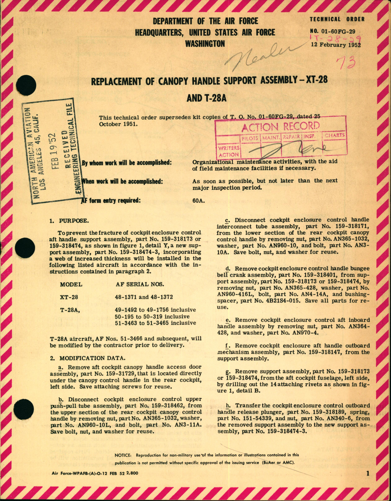 Sample page 1 from AirCorps Library document: Replacement of Canopy Handle Support Assembly For XT-28 and T-28A