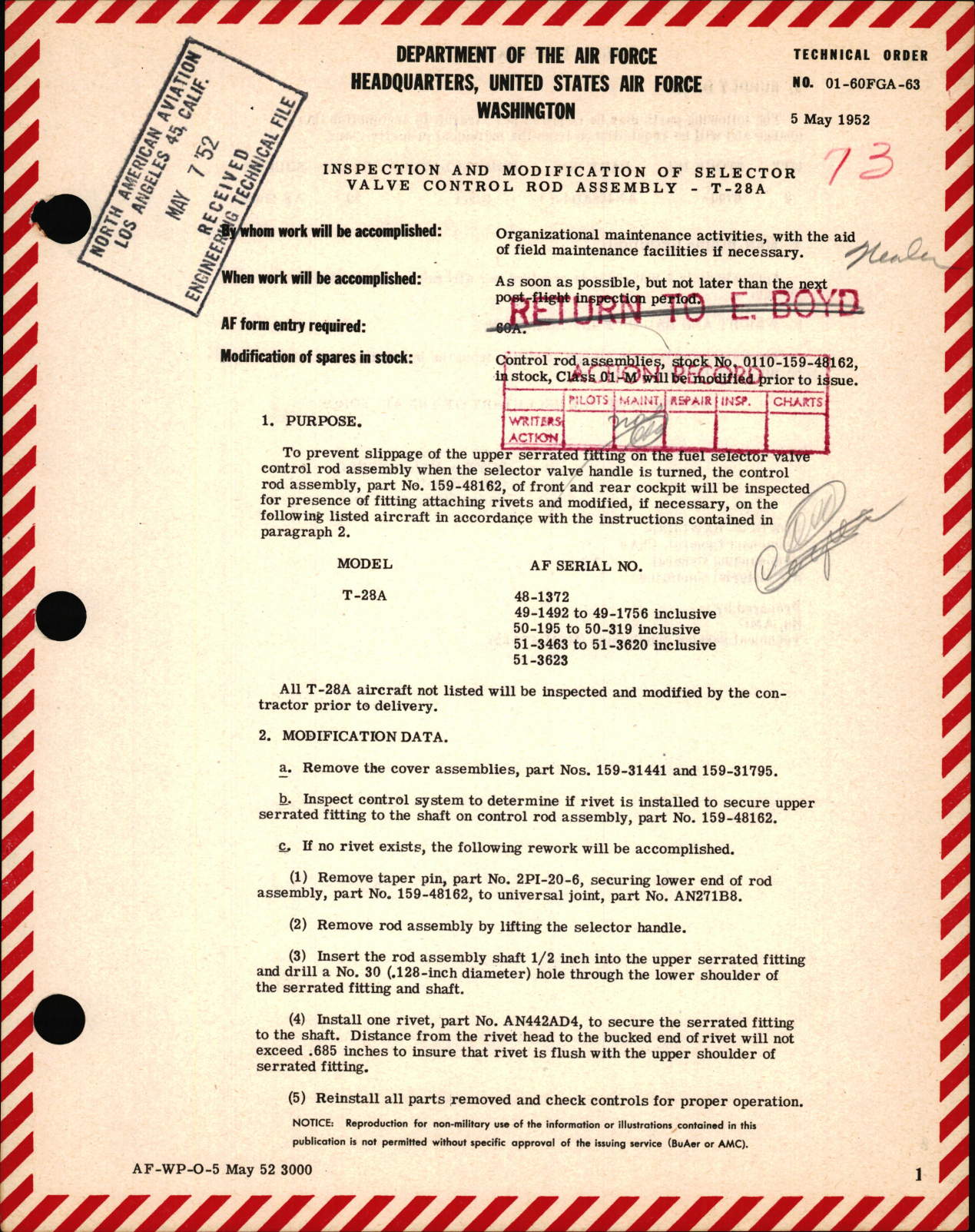 Sample page 1 from AirCorps Library document: Inspection and Modification of Selector Valve Control Rod Assembly For T-28A