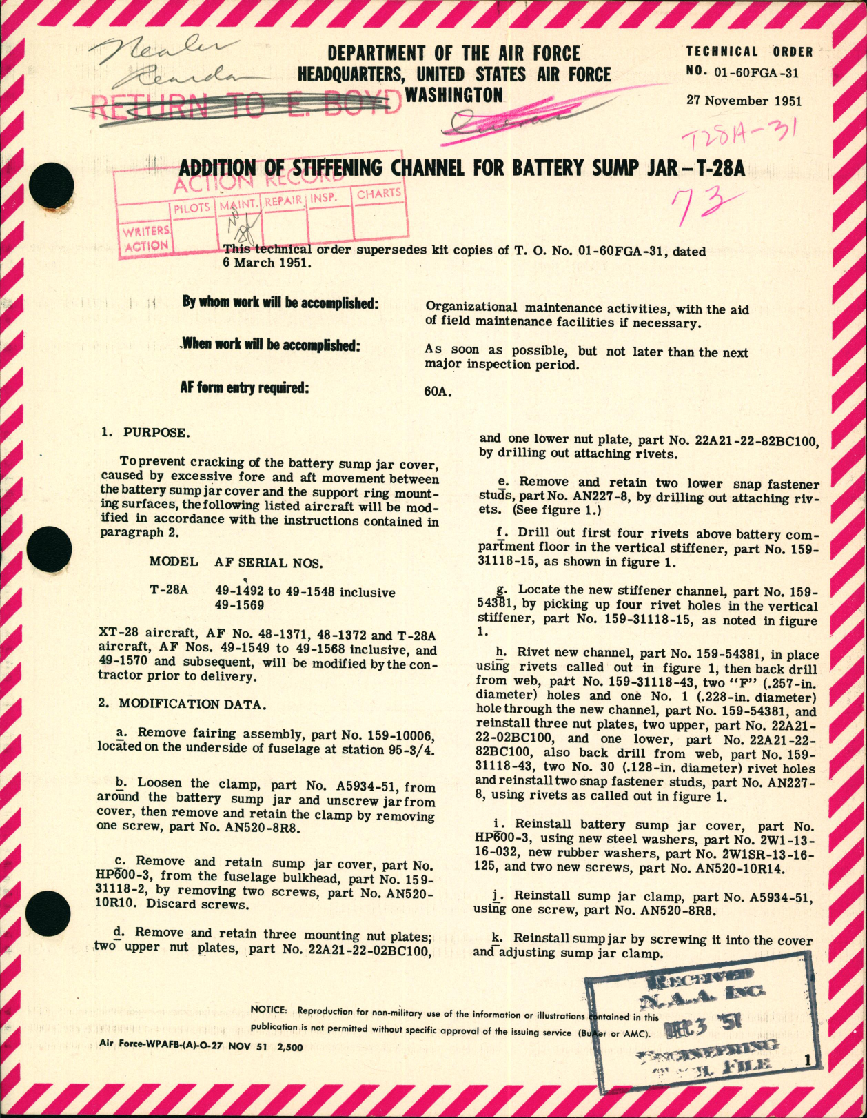 Sample page 1 from AirCorps Library document: Addition of Stiffening Channel for Battery Sump Jar For T-28A