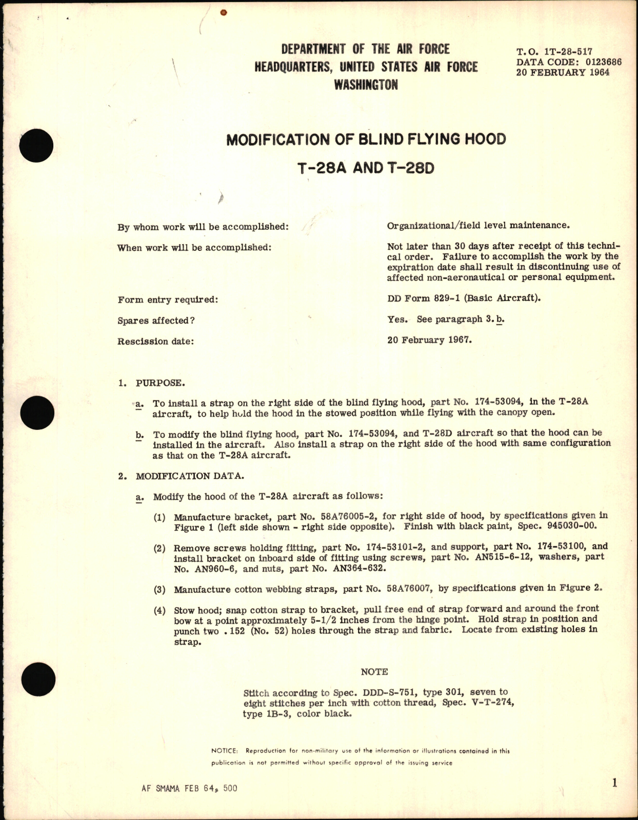 Sample page 1 from AirCorps Library document: Modification of Blind Flying Hood For T-28A and T-28D