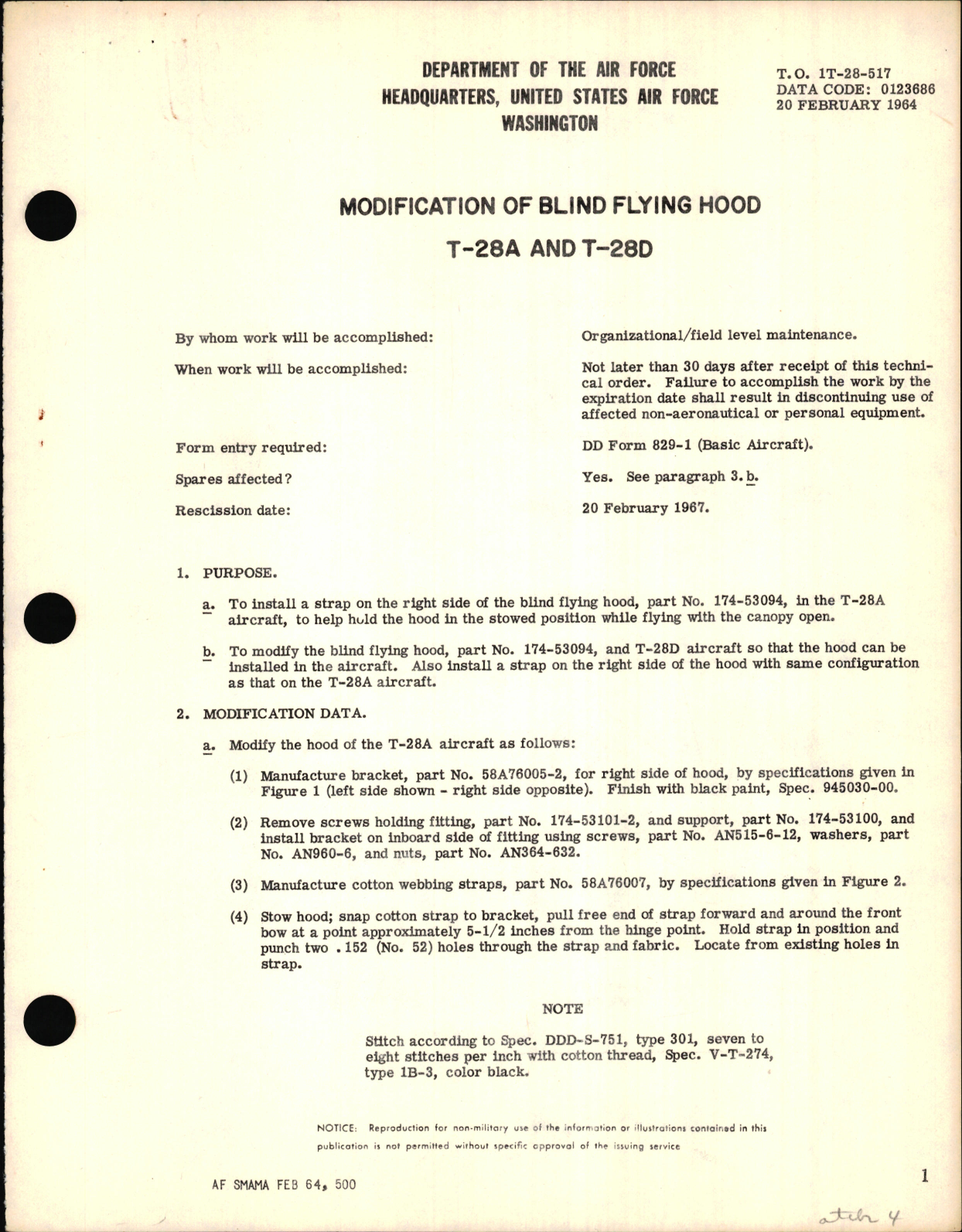 Sample page 1 from AirCorps Library document: Modification of Blind Flying Hood For T-28A and T-28D