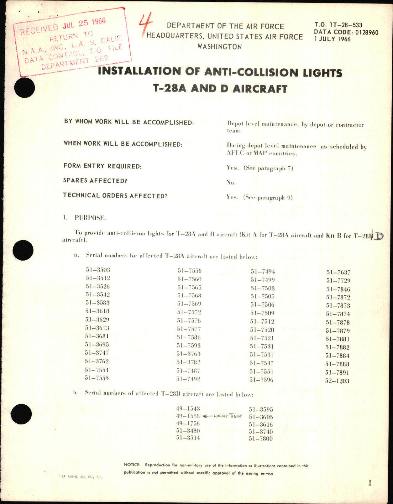 Sample page 1 from AirCorps Library document: Installation of Anti-Collision Lights For T-28A and D