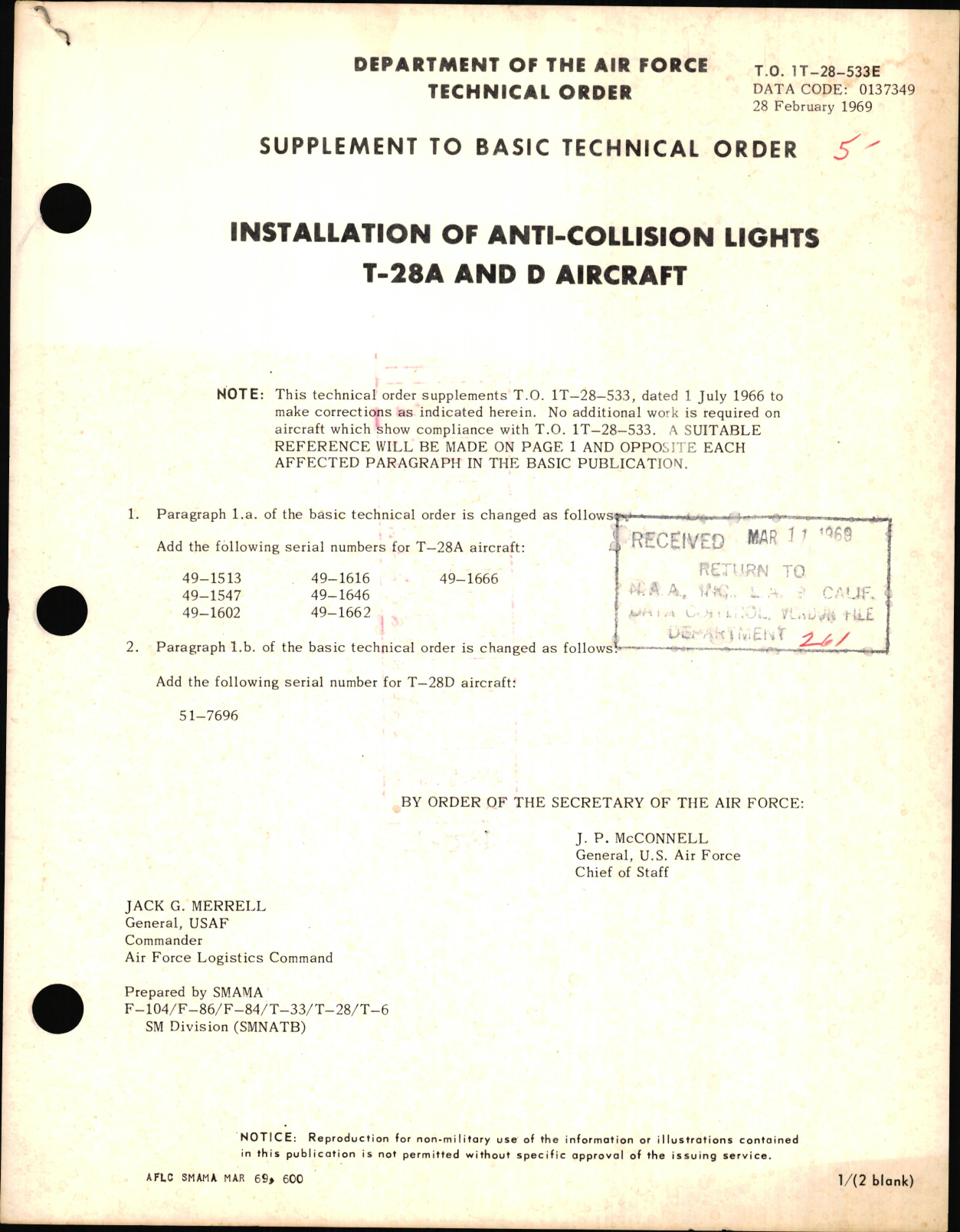 Sample page 1 from AirCorps Library document: Installation of Anti-Collision Lights For T-28A and D