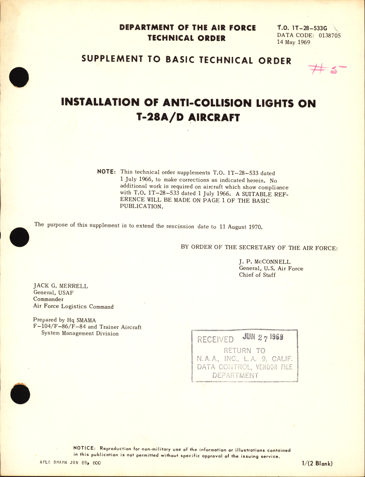 Sample page 1 from AirCorps Library document: Installation of Anti-Collision Lights For T-28A and D