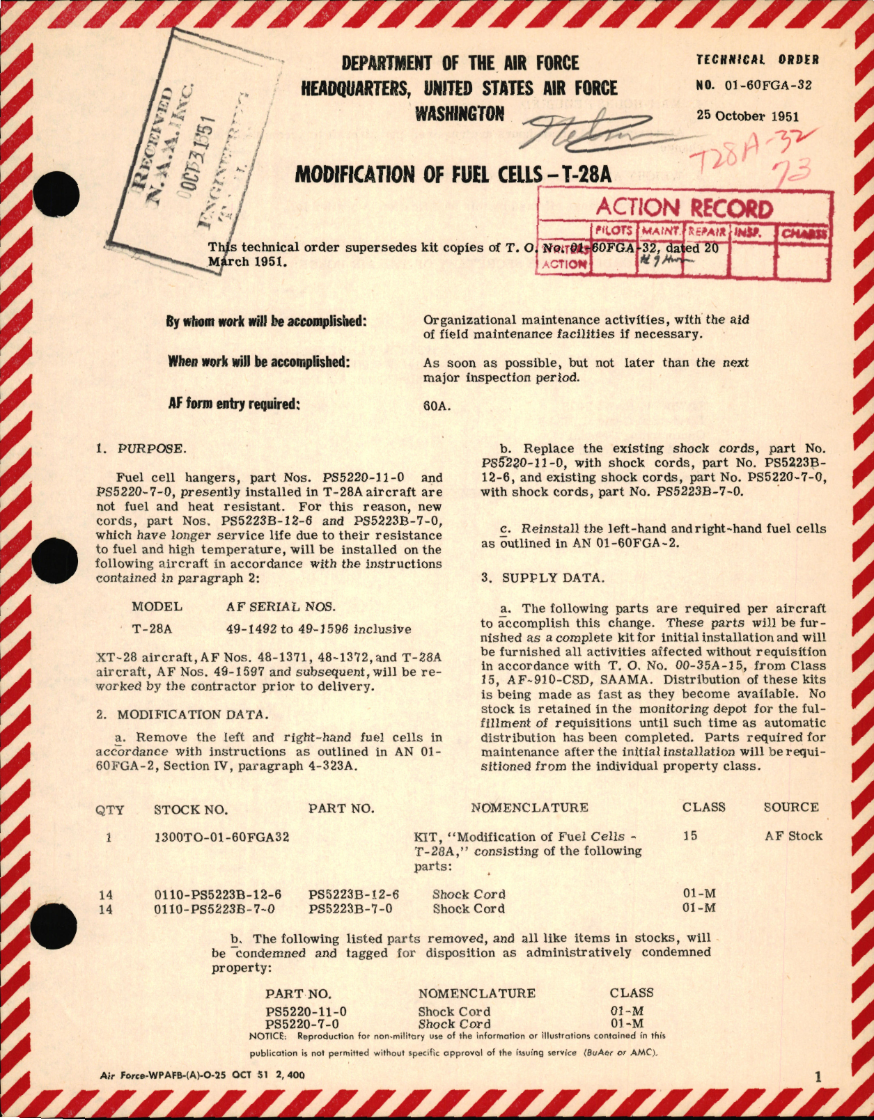 Sample page 1 from AirCorps Library document: Modification of Fuel Cells For T-28A