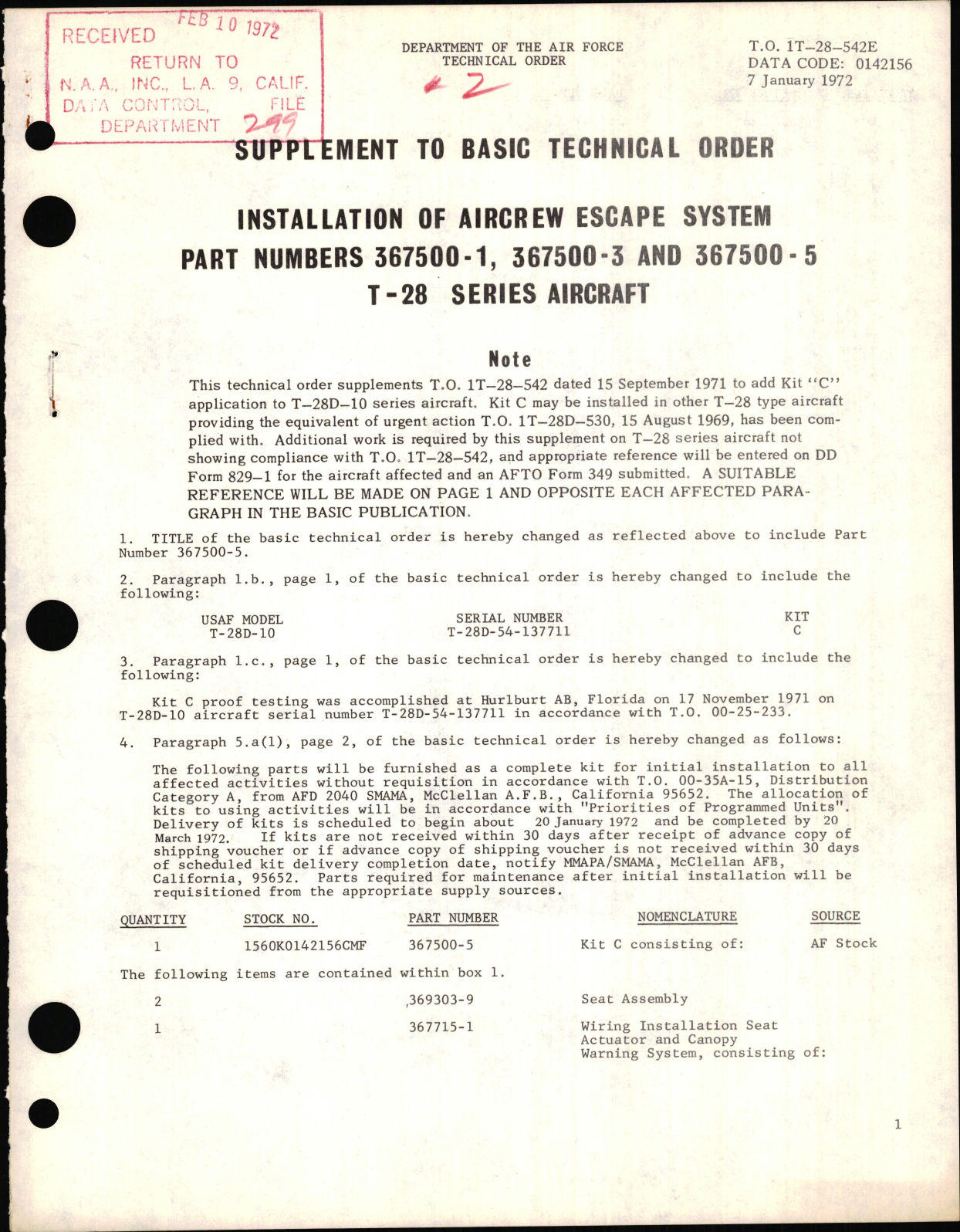 Sample page 1 from AirCorps Library document: Installation of Aircrew Escape System Part Numbers 367500-1, -3, and -5 For T-28 Series